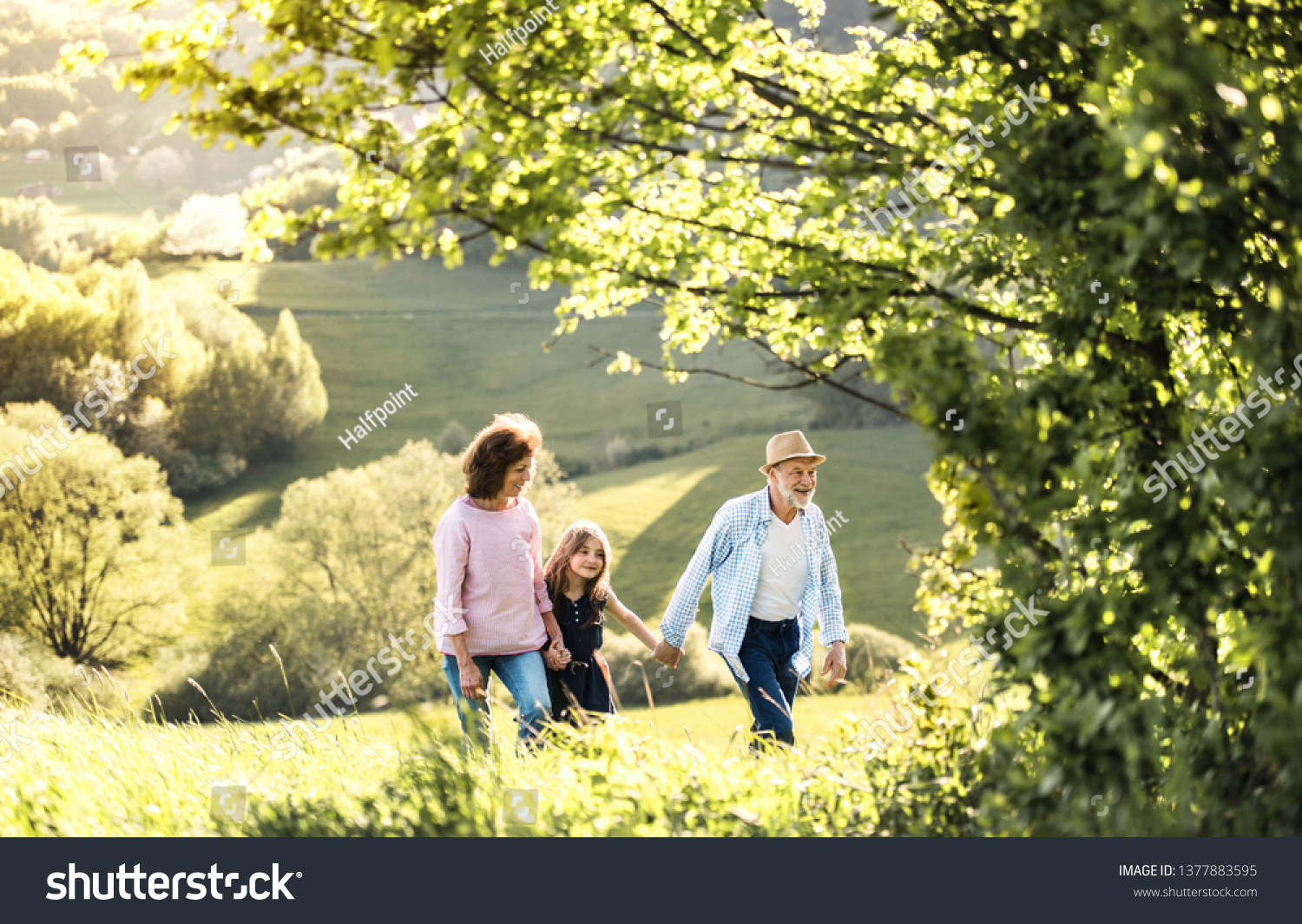 Senior couple with granddaughter on a walk outside in spring nature. #1377883595