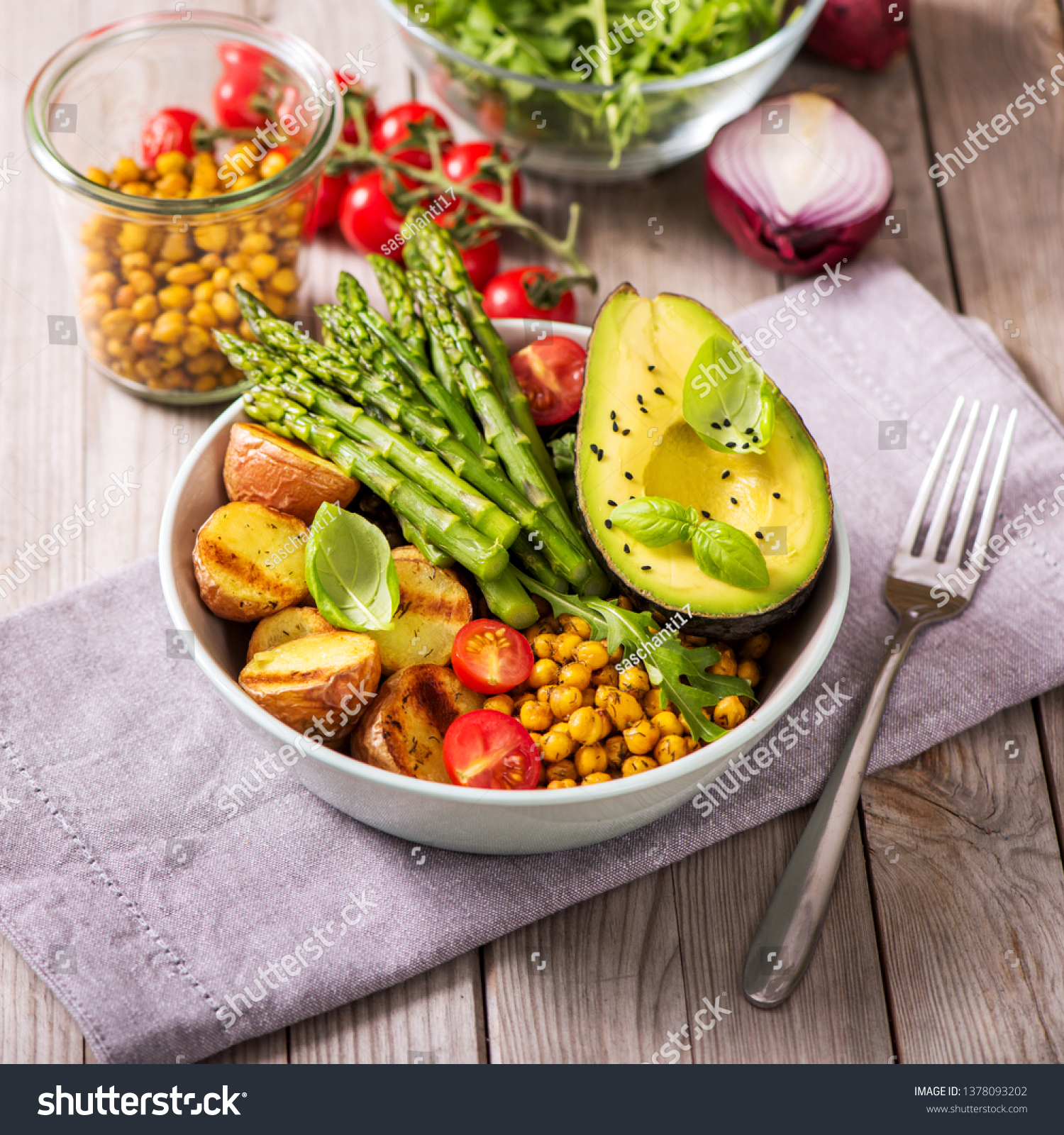 Healthy dinner or lunch with green asparagus, lentils and spicy chickpeas, avocado, arugula, vegan, vegetarian healthy food, square image  #1378093202