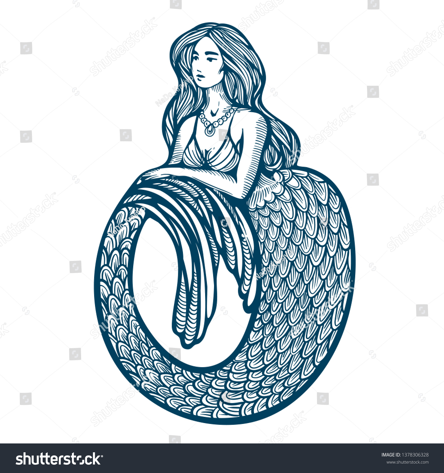 Beautiful Mermaid Woman With Long Hair And Royalty Free Stock Vector 1378306328