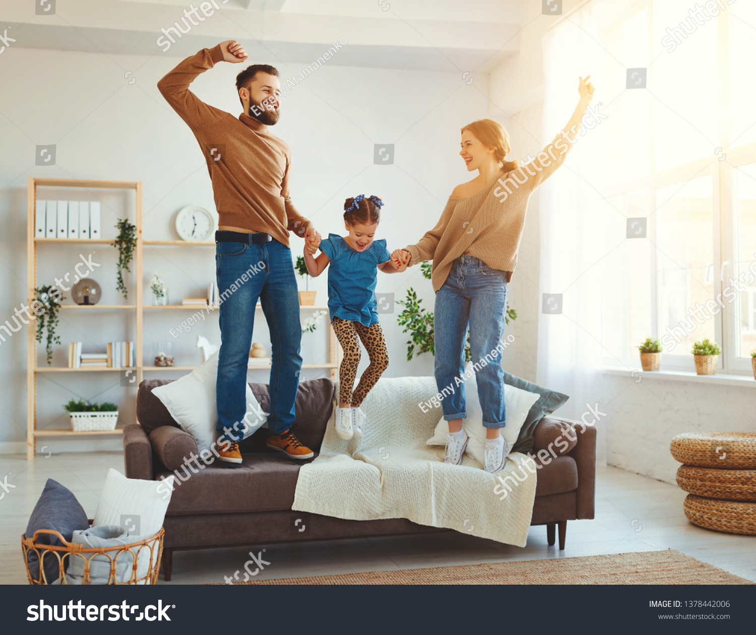 happy family mother father and child daughter dancing at home  
 #1378442006