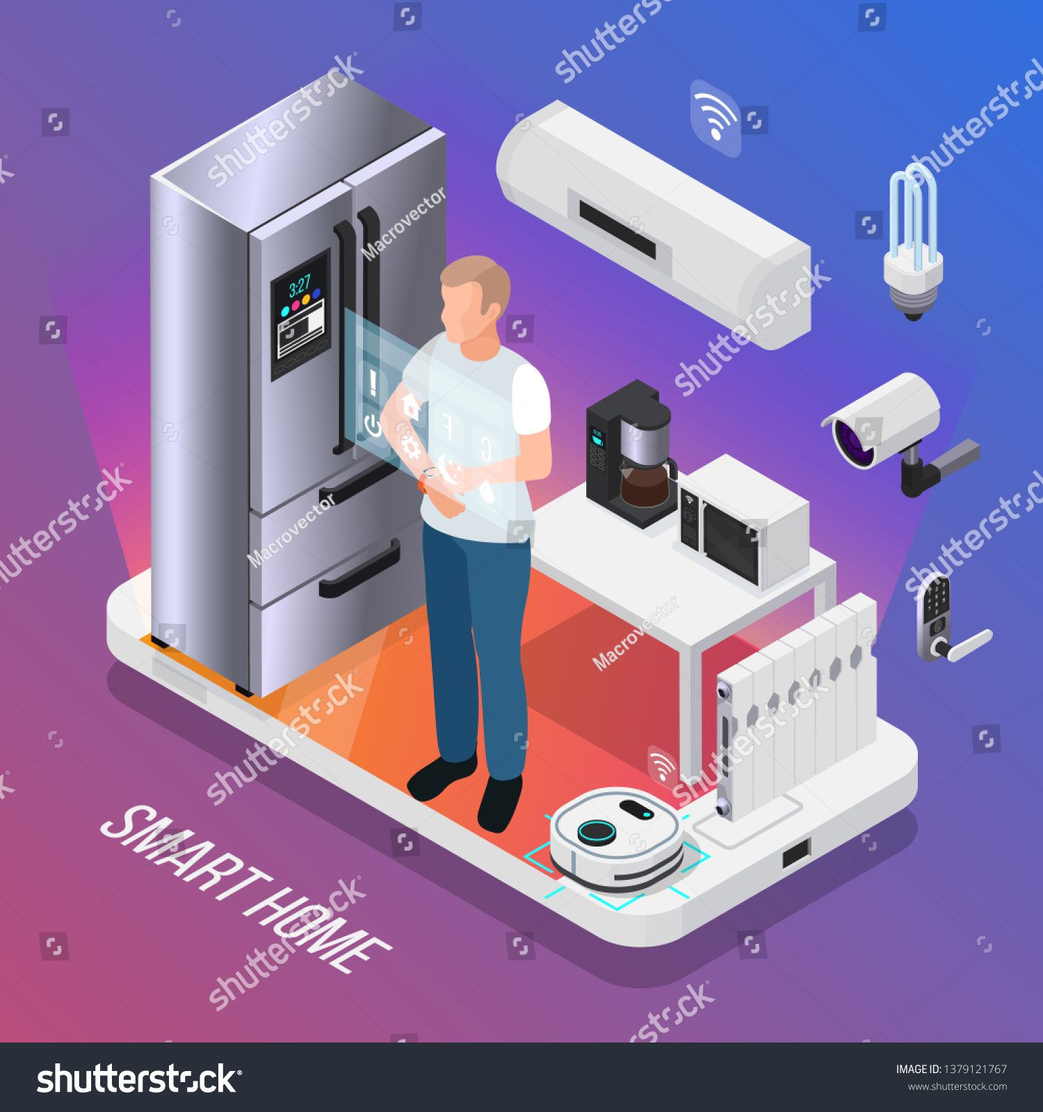 IOT kitchen appliances security camera  isometric composition with owner controlling smart refrigerator with touch display vector illustration #1379121767