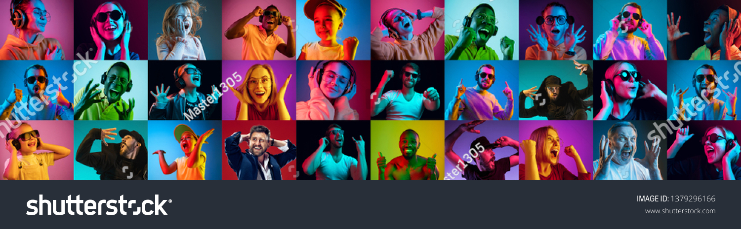 The collage of faces of surprised people on colored backgrounds. Happy men and women smiling. Human emotions, facial expression concept. Different human facial expressions, emotions, feelings #1379296166
