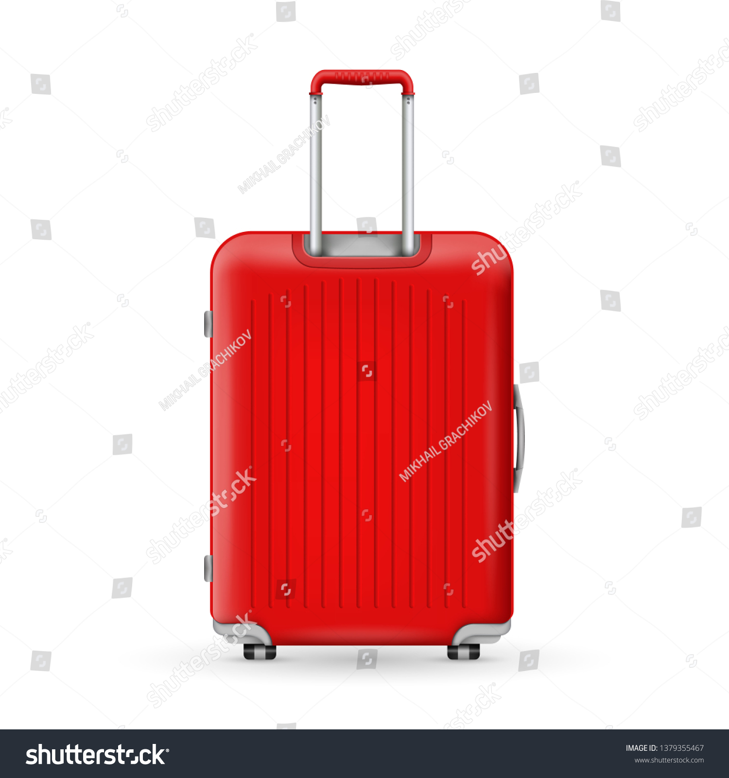 Creative illustration of realistic large polycarbonate travel plastic suitcase with wheels isolated on background. Art design traveler luggage. Abstract concept graphic element #1379355467