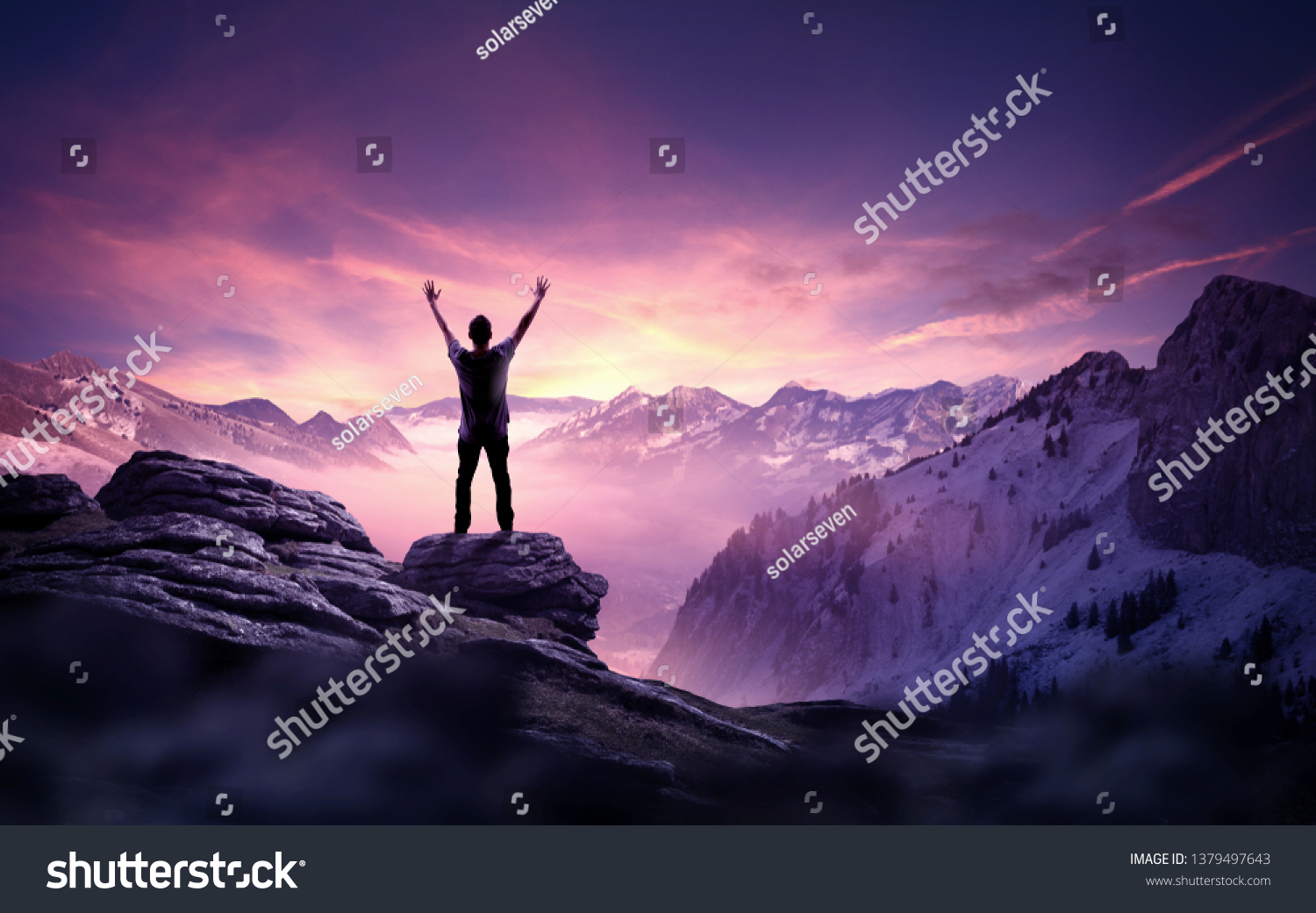A man standing and reaching up into the sky. Goals, ambition and determination business concept. Photo composite. #1379497643
