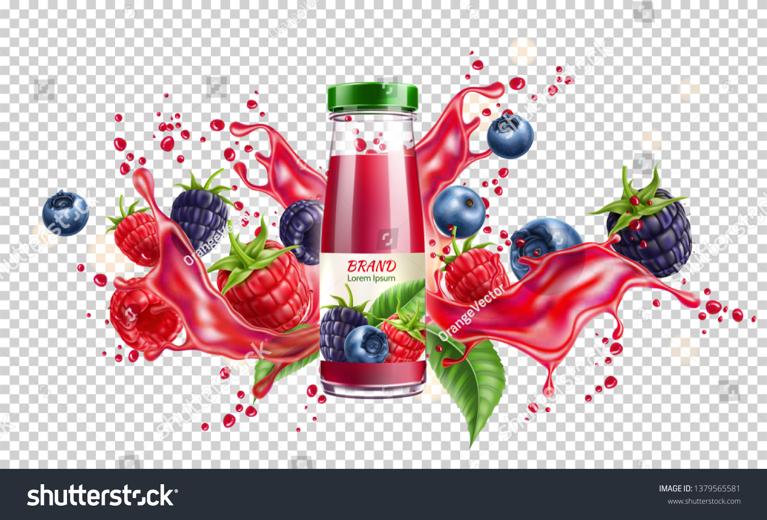 Realistic forest berries juice advertising design with blackberry, blueberry and raspberry in juicy splashing liquid. Forest mix splash for natural healthy product package design. Vector illustration #1379565581