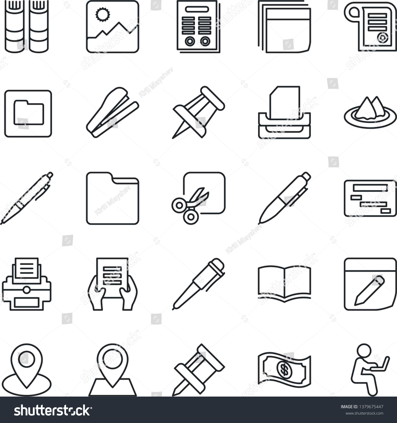 Thin Line Icon Set - book vector, pen, document, drawing pin, gallery, folder, notes, cut, blank box, printer, paper tray, contract, stapler, serviette, cash, schedule, man with notebook #1379675447