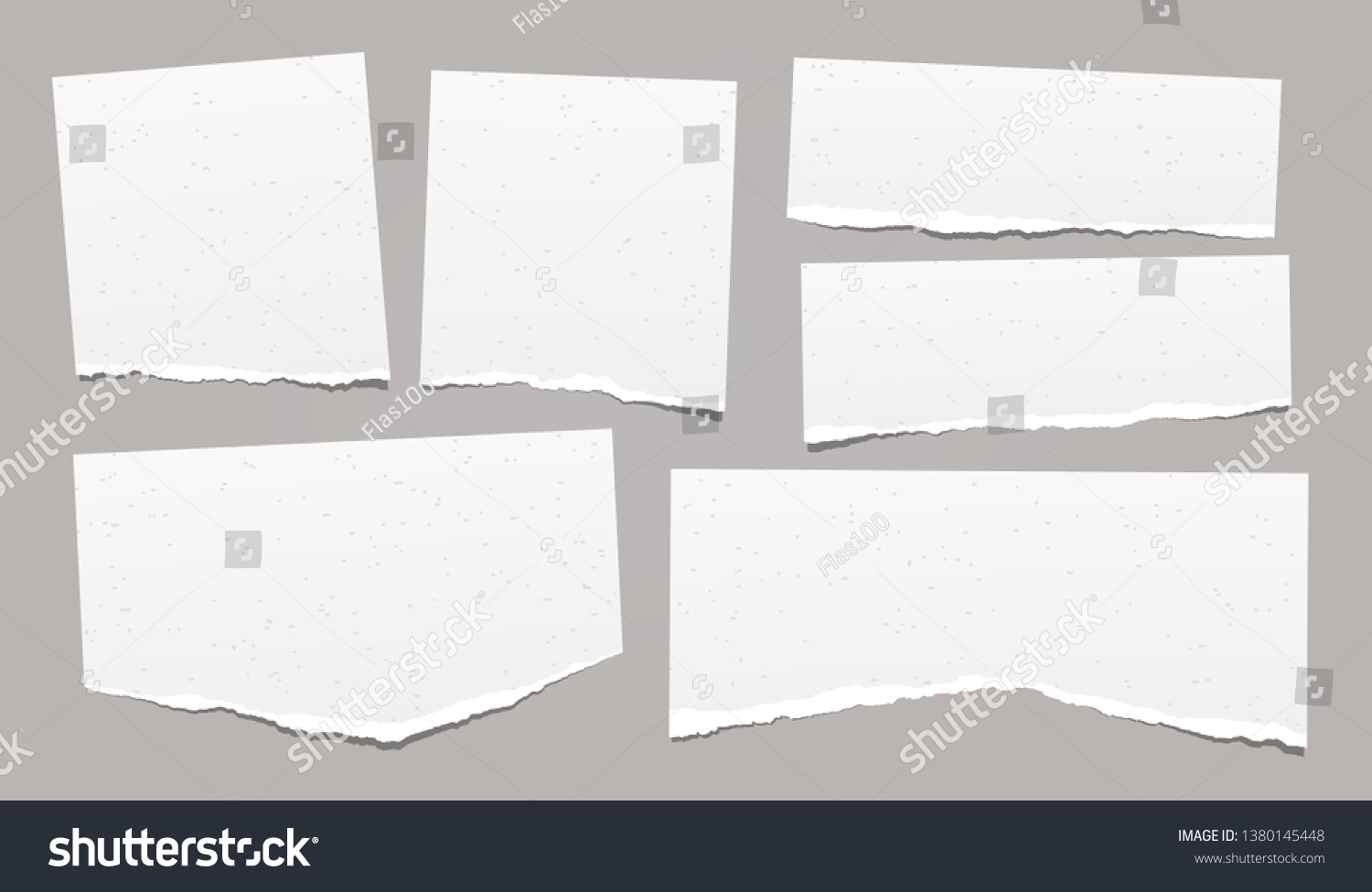 Set of torn note, notebook grainy paper strips stuck on grey background. Vector illustration #1380145448