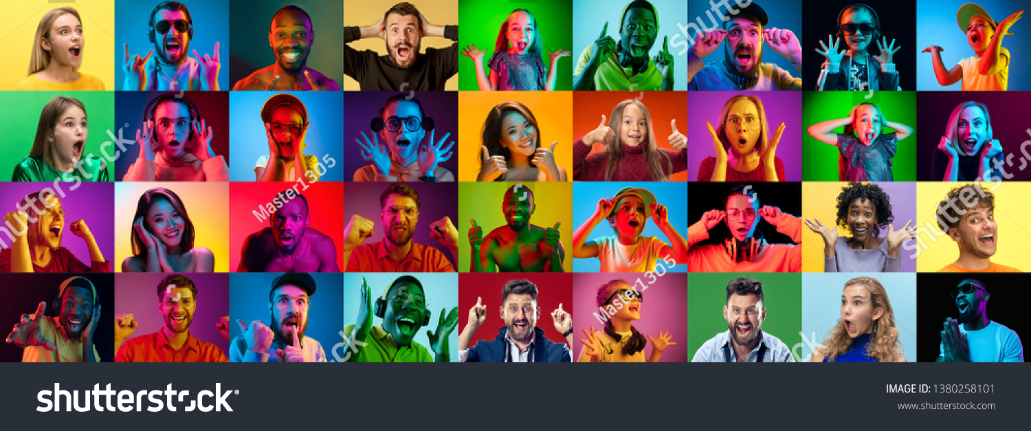 The collage of faces of surprised people on colored backgrounds. Happy men and women smiling. Human emotions, facial expression concept. Different human facial expressions, emotions, feelings #1380258101