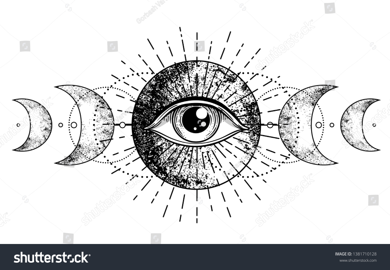 Eye of Providence. Masonic symbol. All seeing eye inside triple moon pagan Wicca moon goddess symbol. Vector illustration. Tattoo, astrology, alchemy, boho and magic symbol. Coloring book. #1381710128