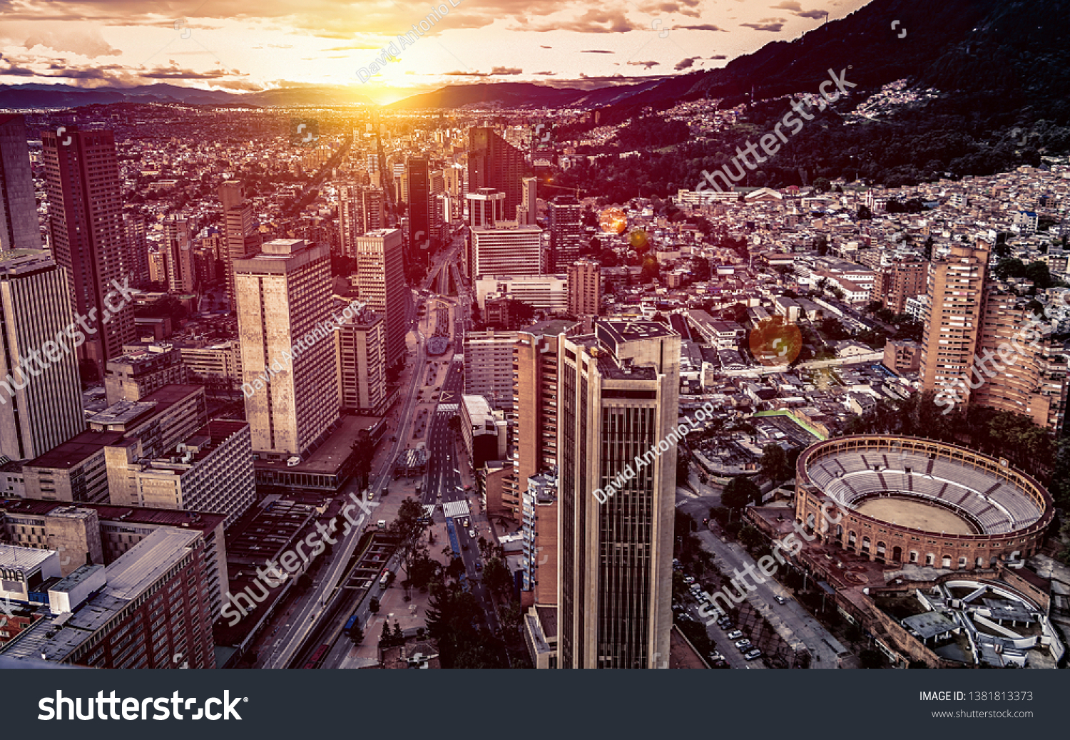 Panoramic aerial view of downtown Bogota Colombia on a beautiful golden sunset. #1381813373