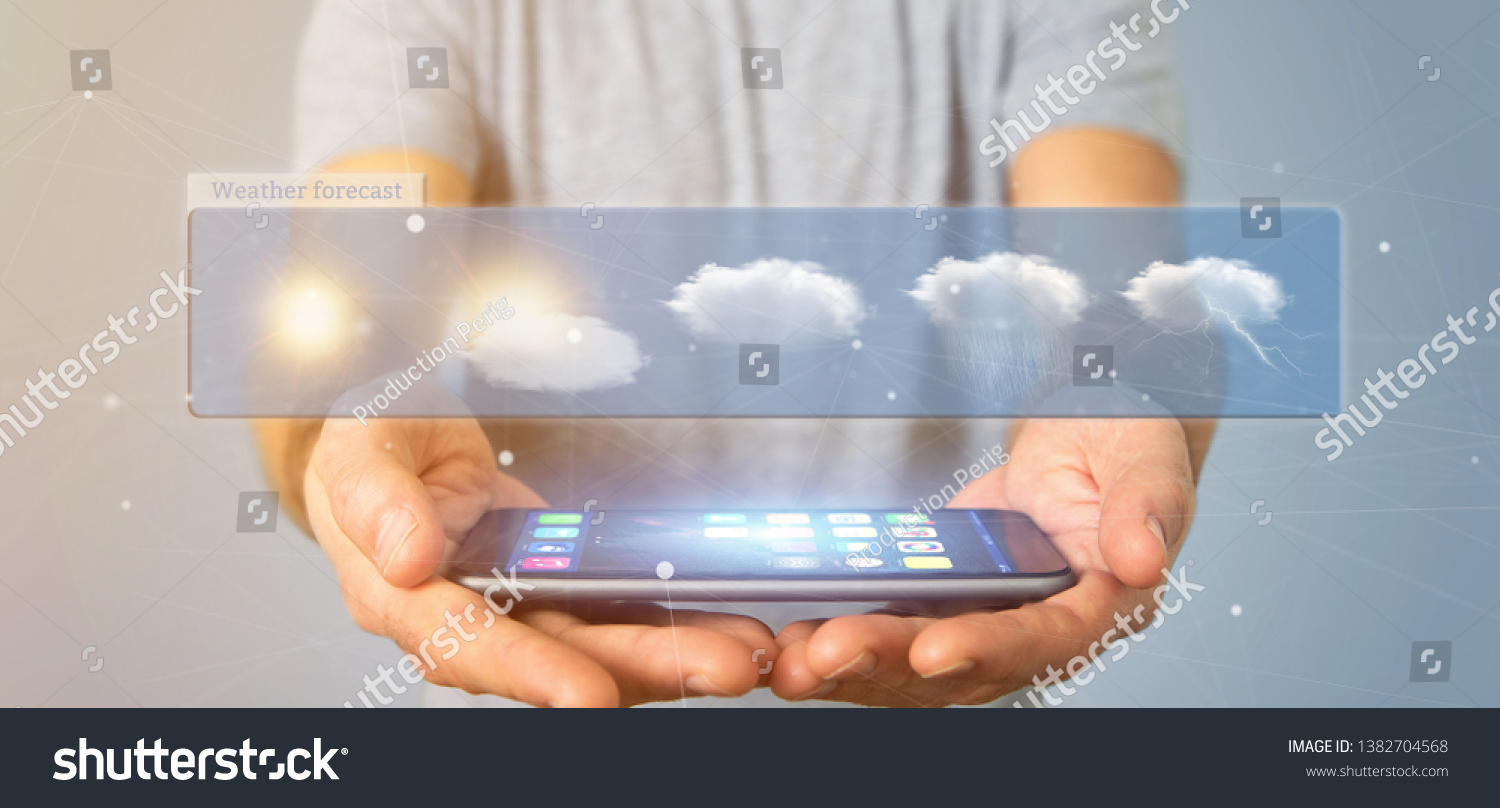 View of a Businessman holding a Weather Forecast widget 3d rendering #1382704568