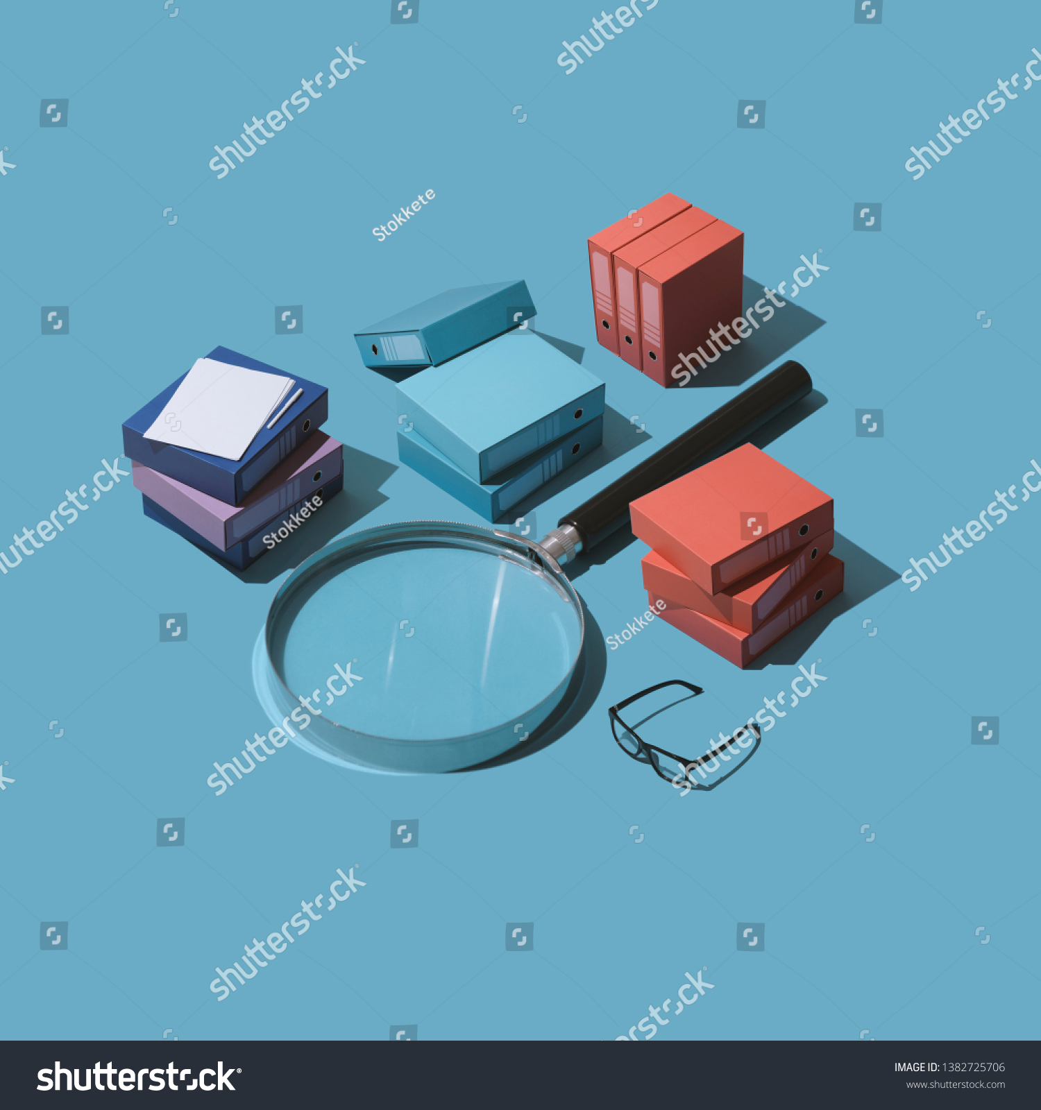 Database and archive management: big magnifying glass and piles of folders, isometric objects #1382725706