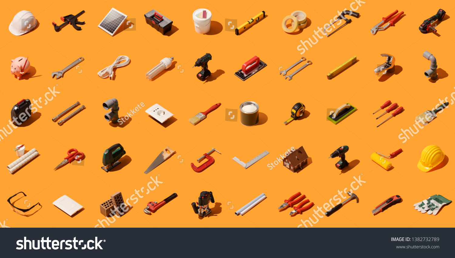 Do it yourself, construction and home renovation background with isometric tools and objects #1382732789