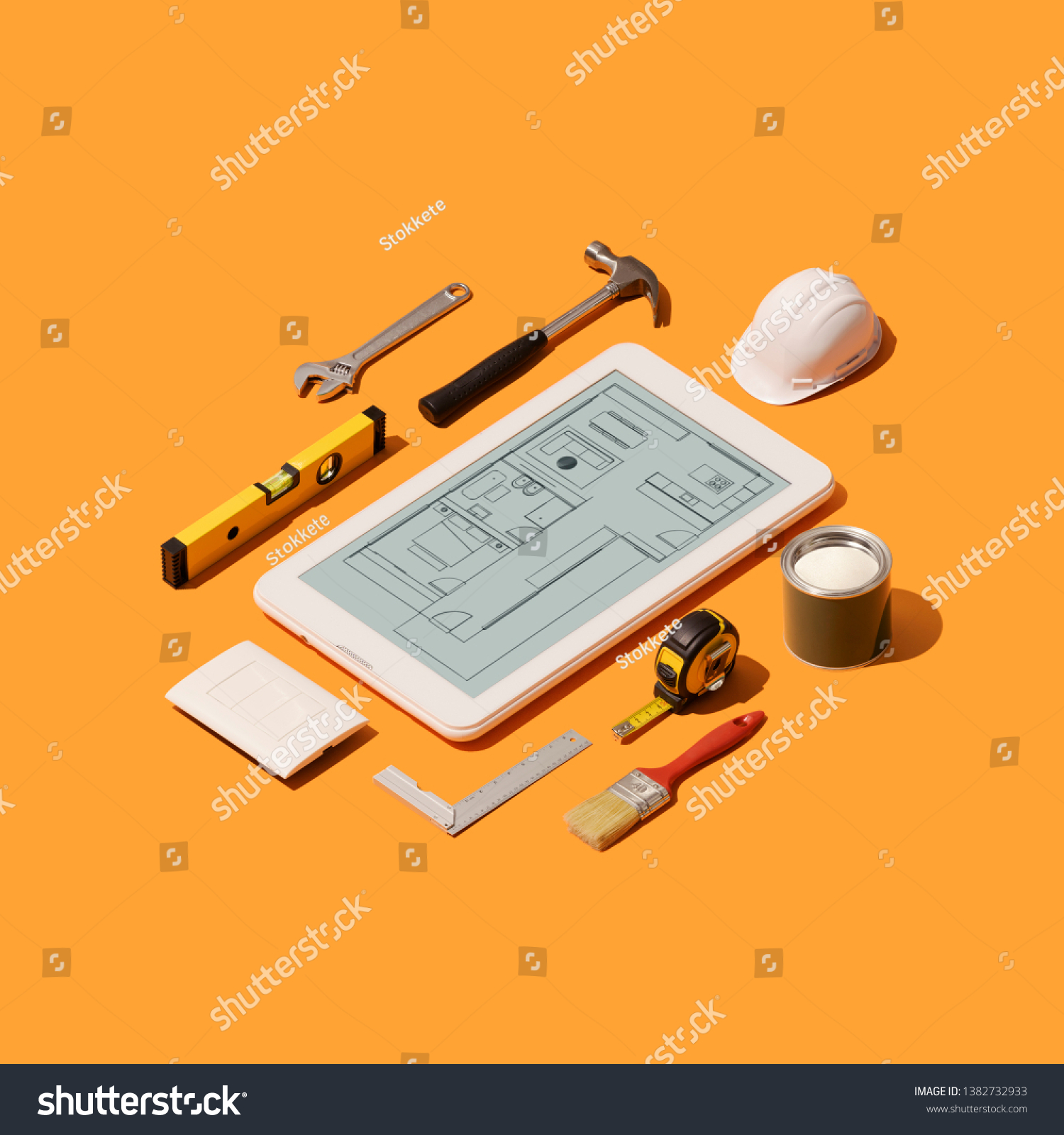 Home renovation and project design app on a touch screen tablet and isometric DIY construction tools on a smartphone #1382732933
