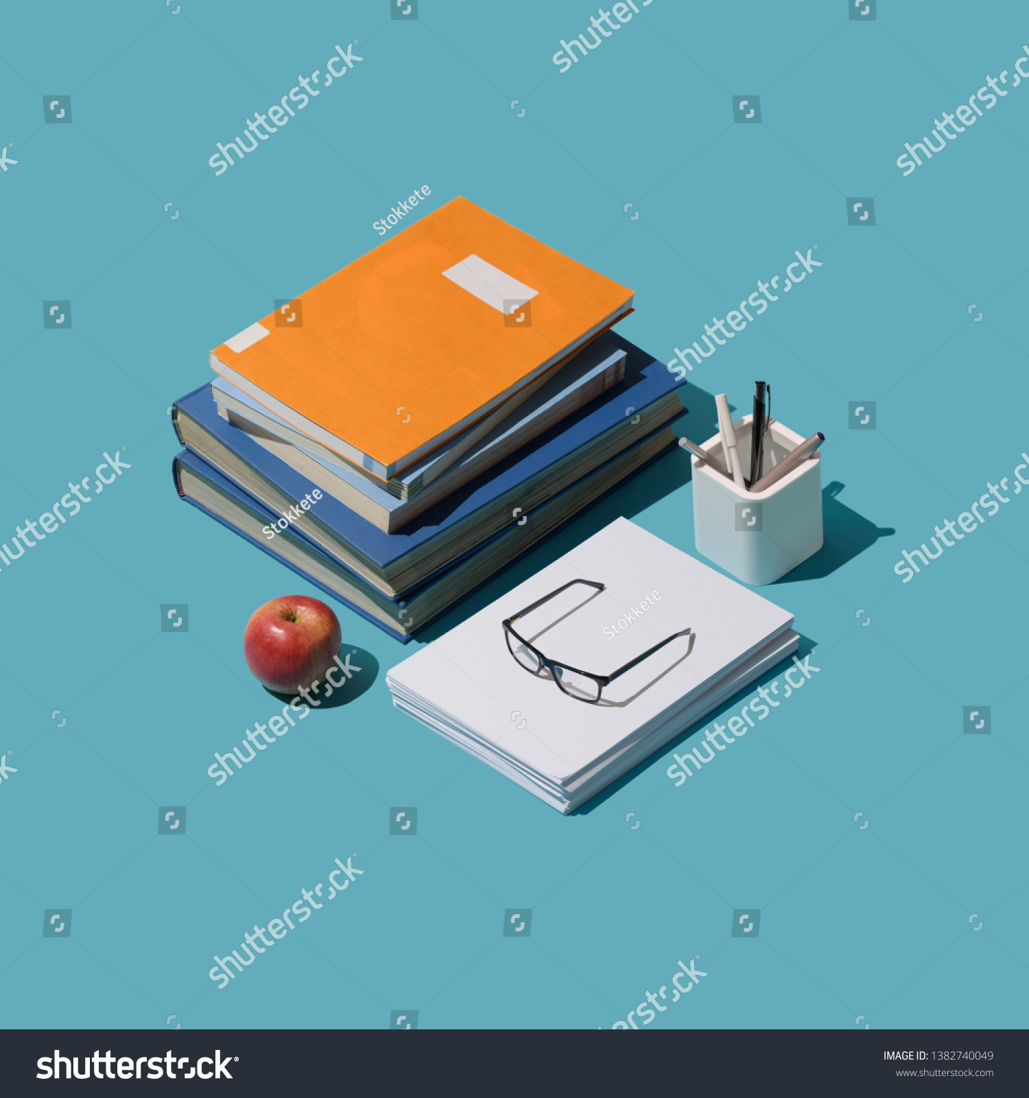 Back to school isometric student desktop with books and stationery, learning and education concept #1382740049