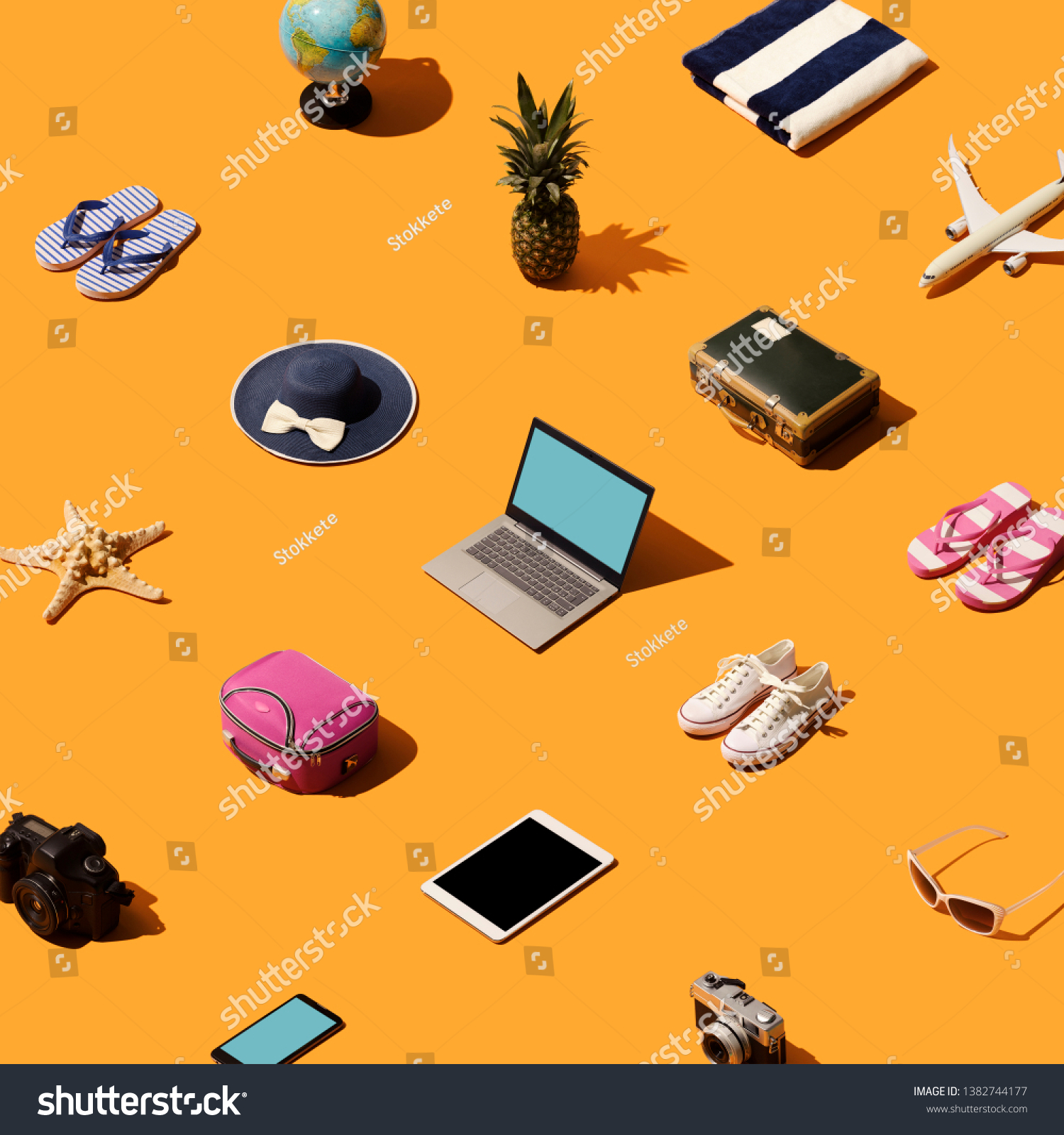 Travel, vacations and tourism background with isometric objects and accessories #1382744177