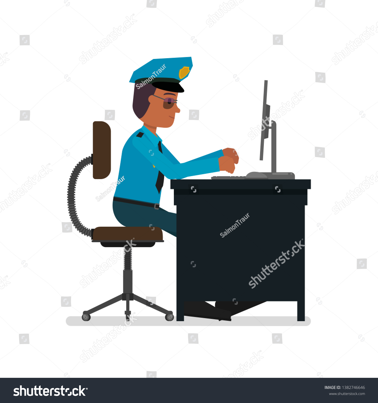 The policeman works at the computer. Isolated on - Royalty Free Stock ...