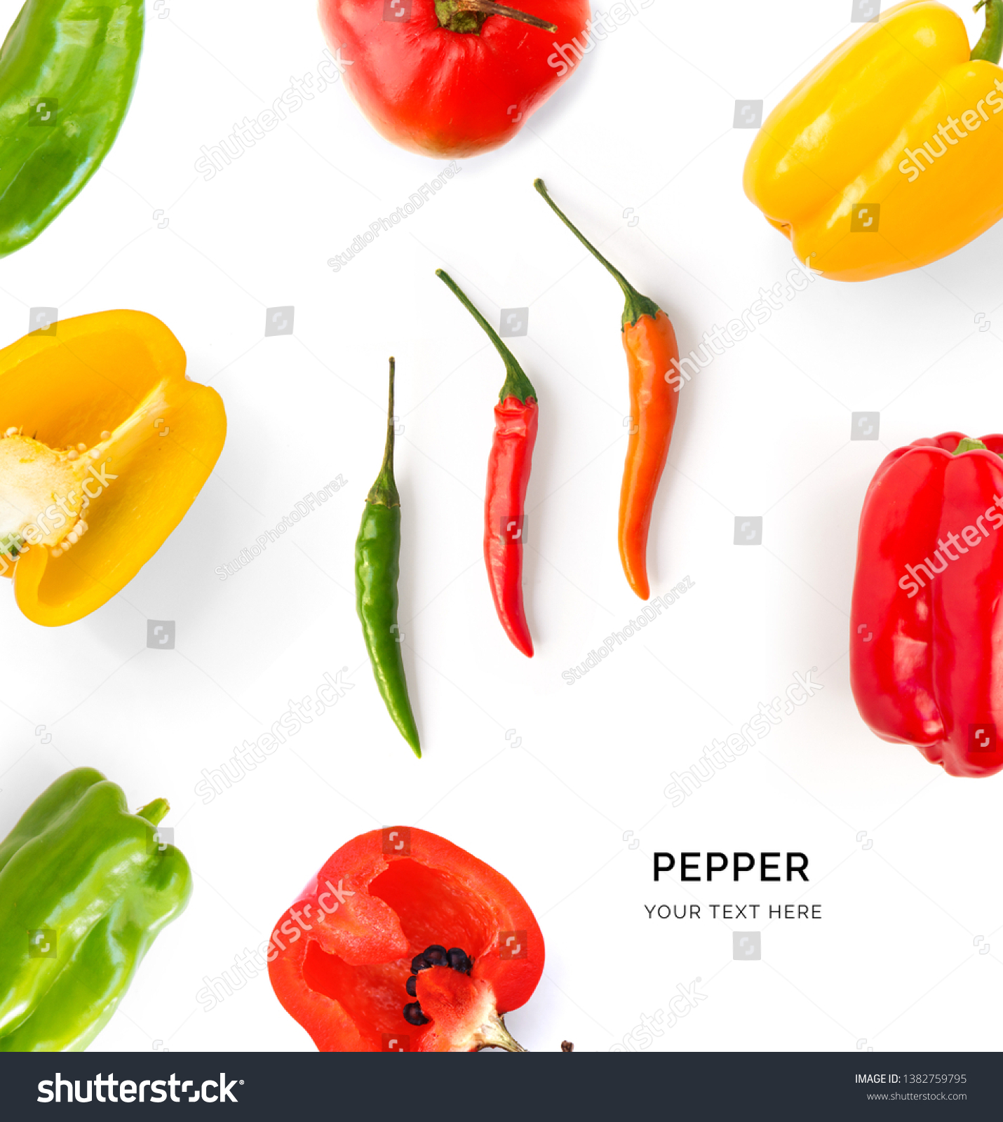 Creative layout made of green, red and yellow pepper. Flat lay. Food concept. Colorful pepper on white background. #1382759795