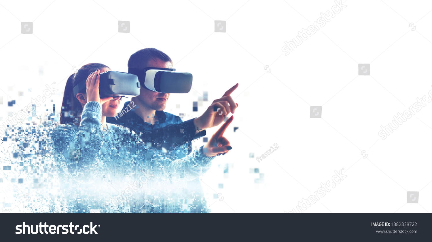 A man and a woman in glasses of virtual reality. The concept of modern technologies and technologies of the future. Fragmented by pixels. VR glasses. #1382838722