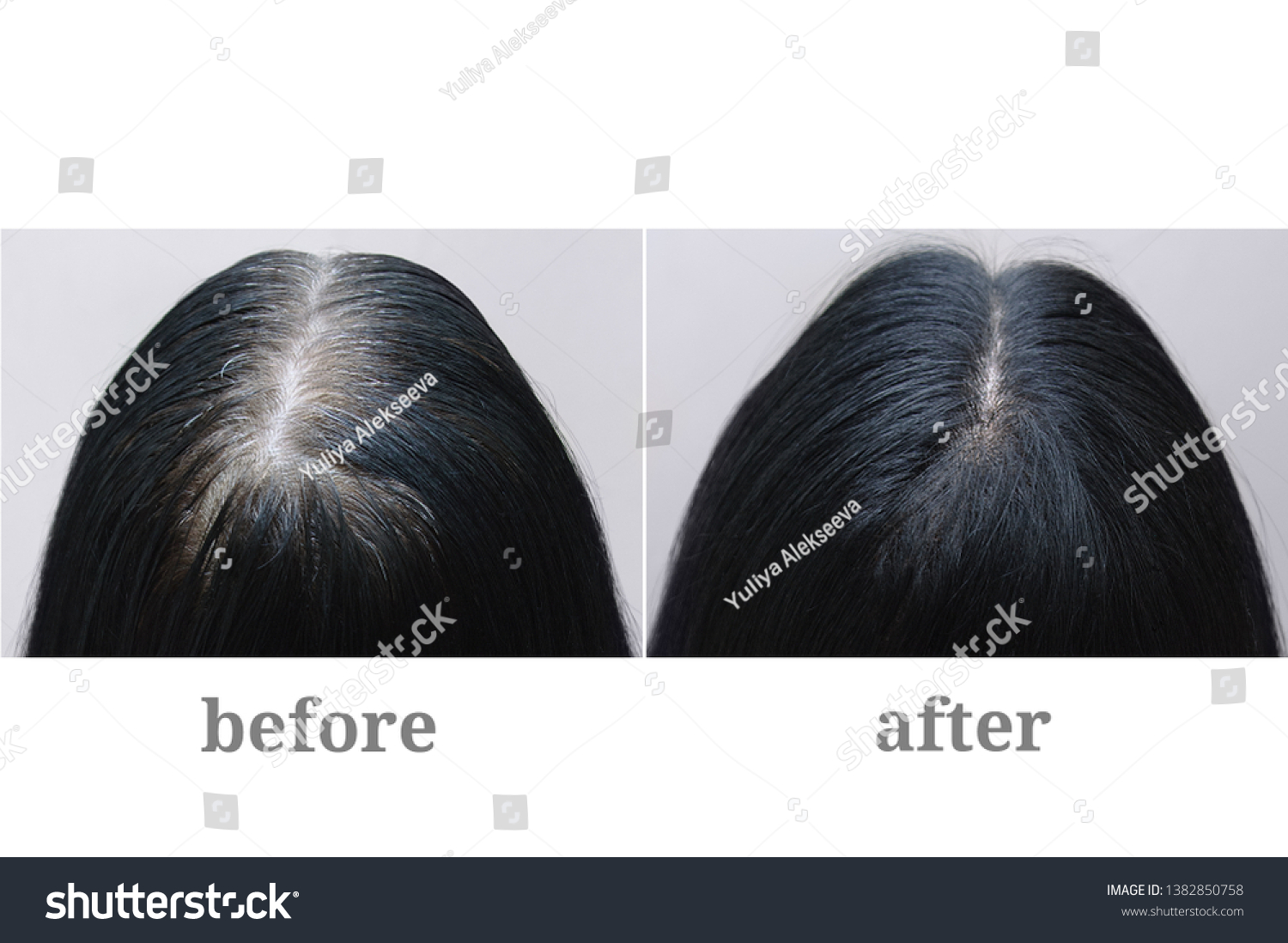 Head of a girl with black gray hair. Hair coloring.Top of the head. Before and after. #1382850758