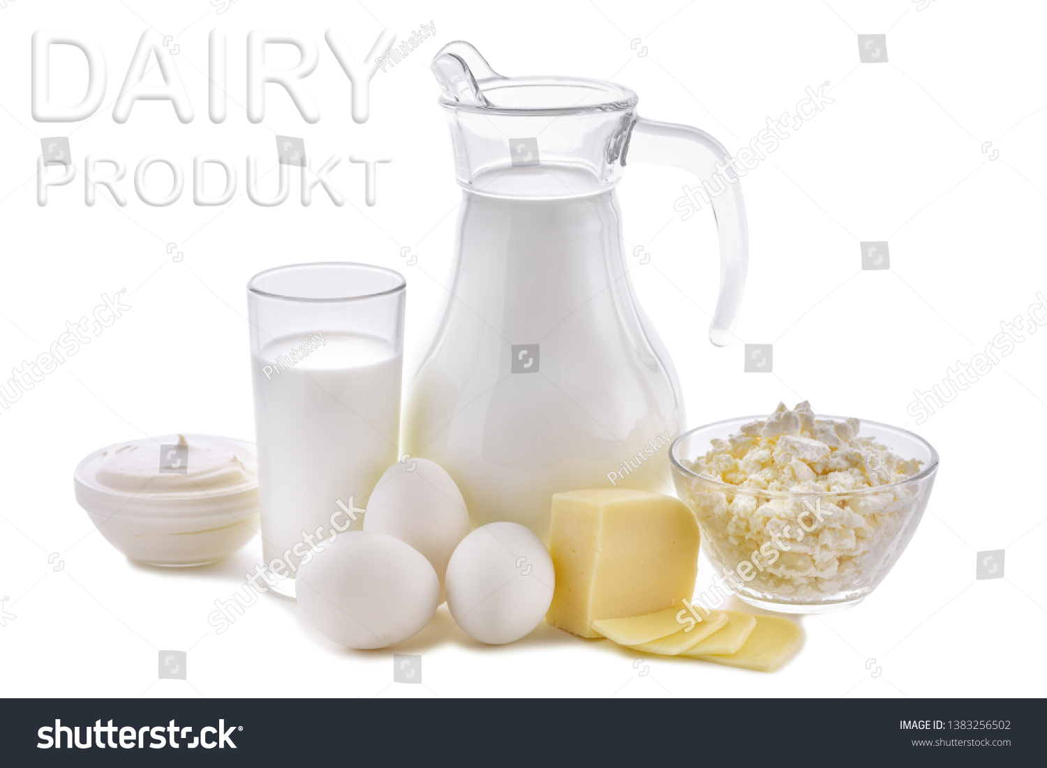 Dairy products on white background. Milk, cottage cheese, sour cream, cheese, butter, eggs, still life from healthy dairy products. Dairy nutrition is good for children's health. #1383256502