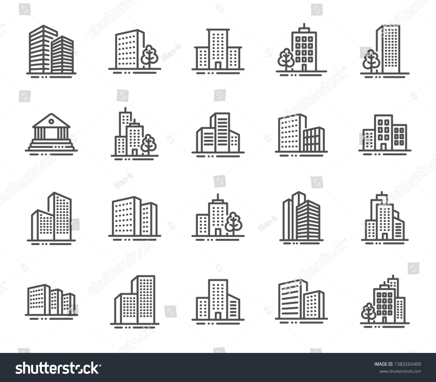 Buildings line icons. Bank, Hotel, Courthouse. City, Real estate, Architecture buildings icons. Hospital, town house, museum. Urban architecture, city skyscraper, downtown. Vector #1383265409