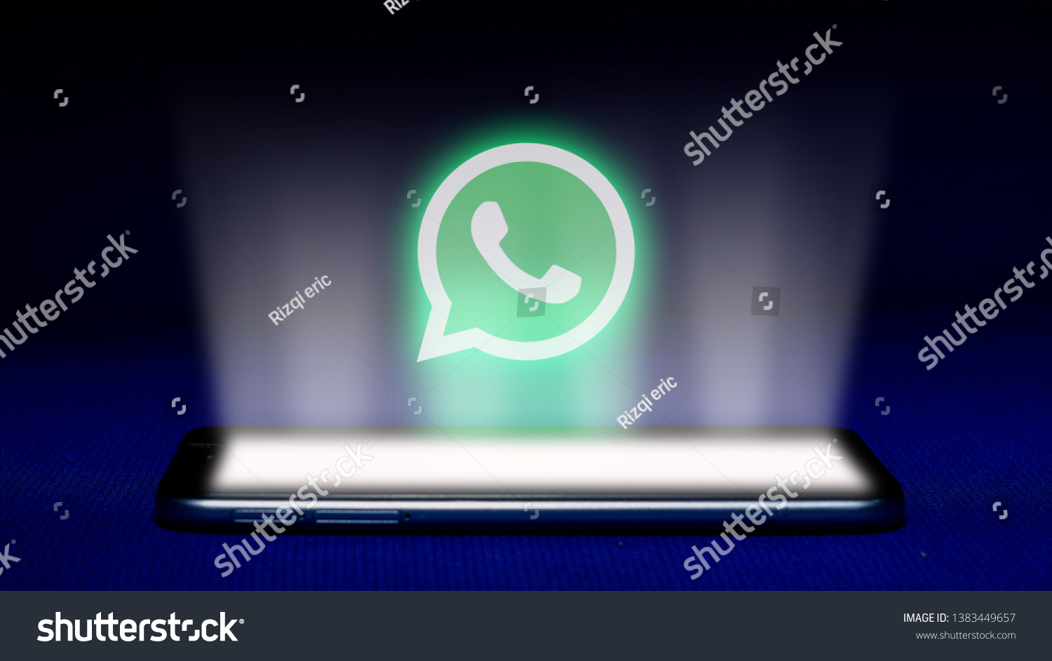 Magelang, Central Java, Indonesia, April 29, 2019.Hologram of whatsapp logo. hologram whatsapp logo image on blue background . The concept of next technology,social media, - Image #1383449657