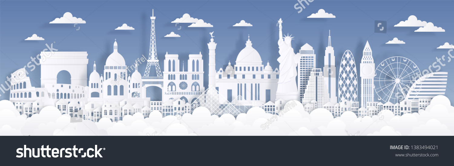Paper cut landmarks. Travel the world background, skyline advertising card, Paris London Rome buildings silhouettes. Vector cityscape illustration #1383494021