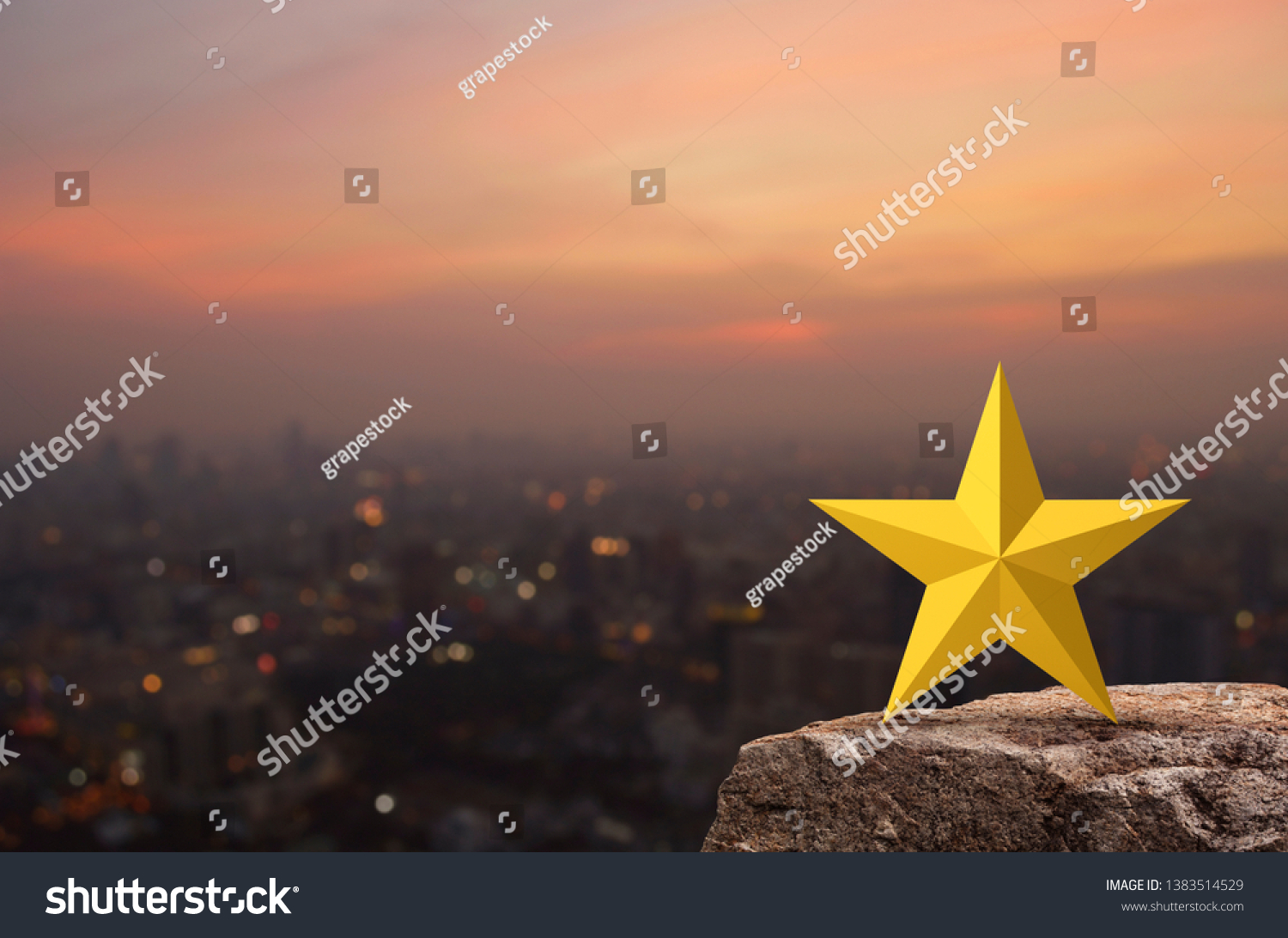 Gold star on rock mountain over blur of cityscape on warm light sundown, Business excellent concept #1383514529
