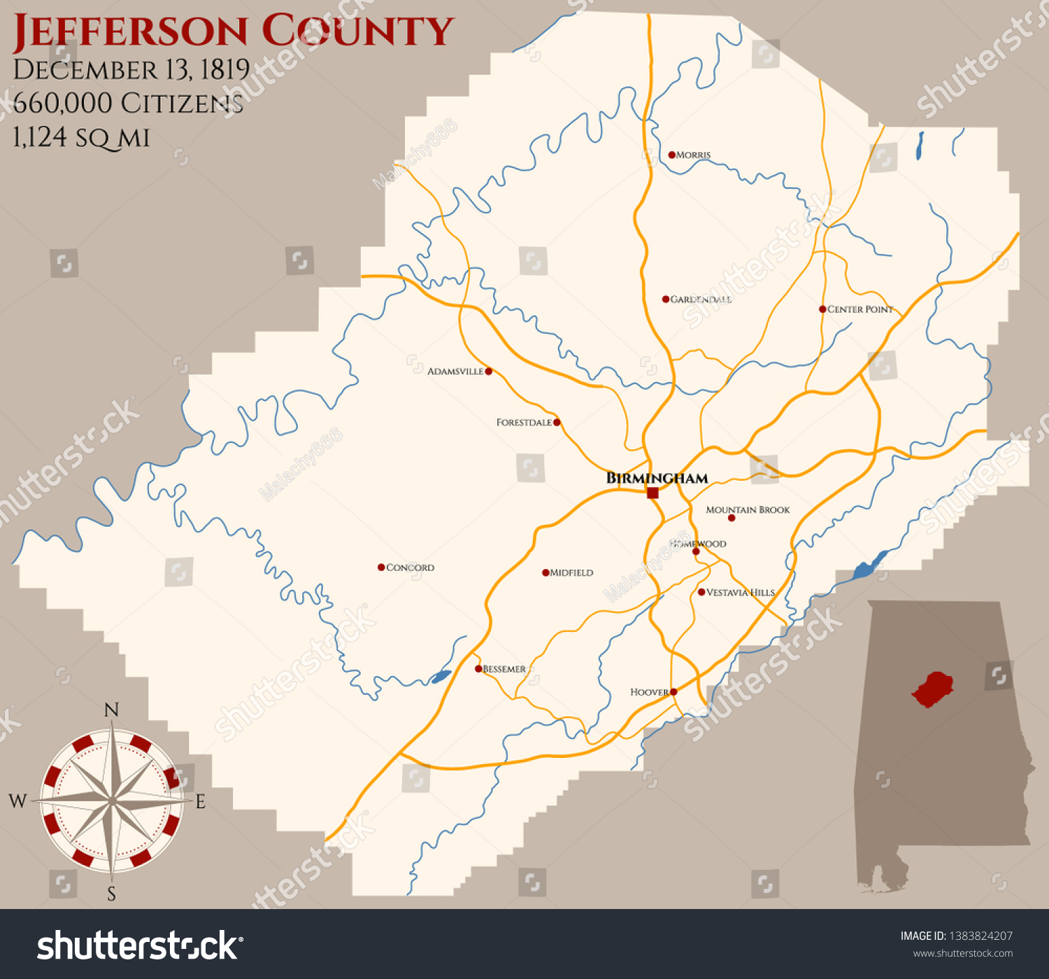 Large and detailed map of Jefferson county in - Royalty Free Stock 