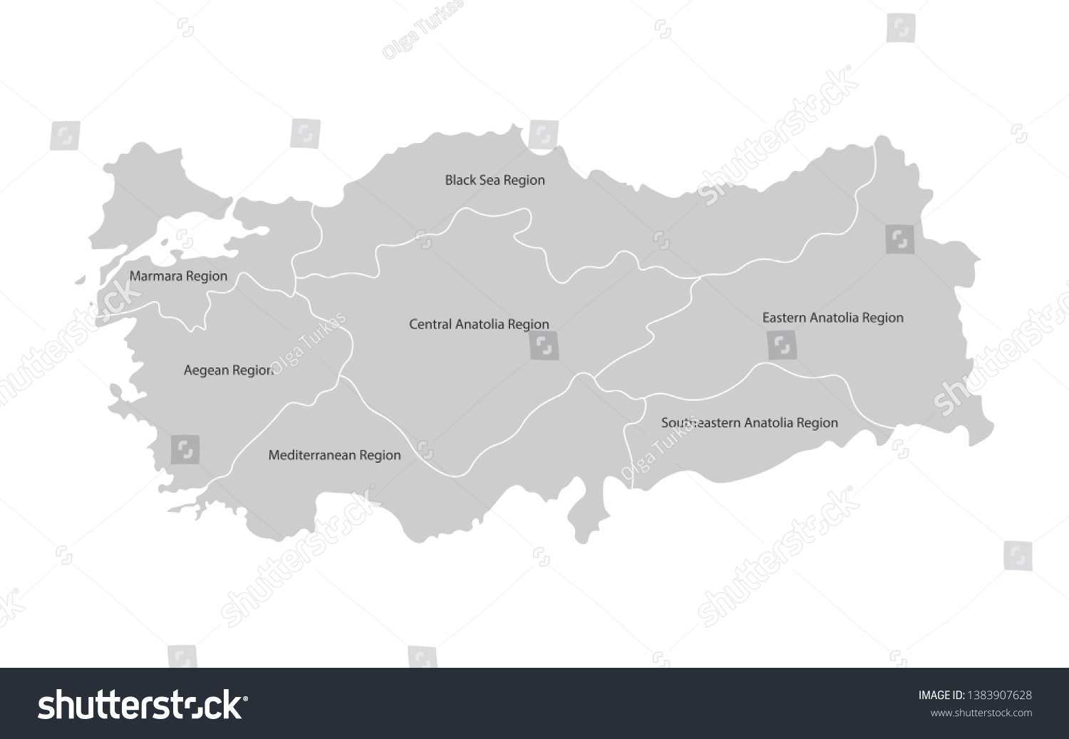 Vector isolated simplified map of Turkey regions. Borders and names of administrative divisions. Grey silhouettes, White background #1383907628