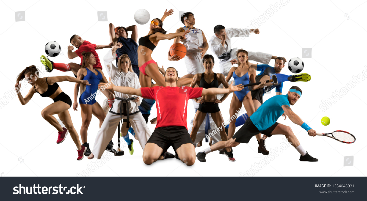 Huge multi sports collage taekwondo, volleyball, tennis, soccer, basketball, football, bodybuilding, etc. On white background #1384045931