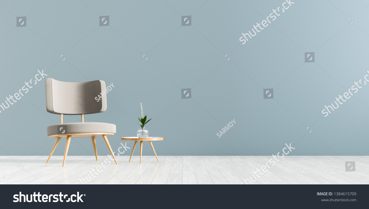Modern living room with armchair and wooden small coffee table. Scandinavian style furniture design. 3D illustration. #1384615709