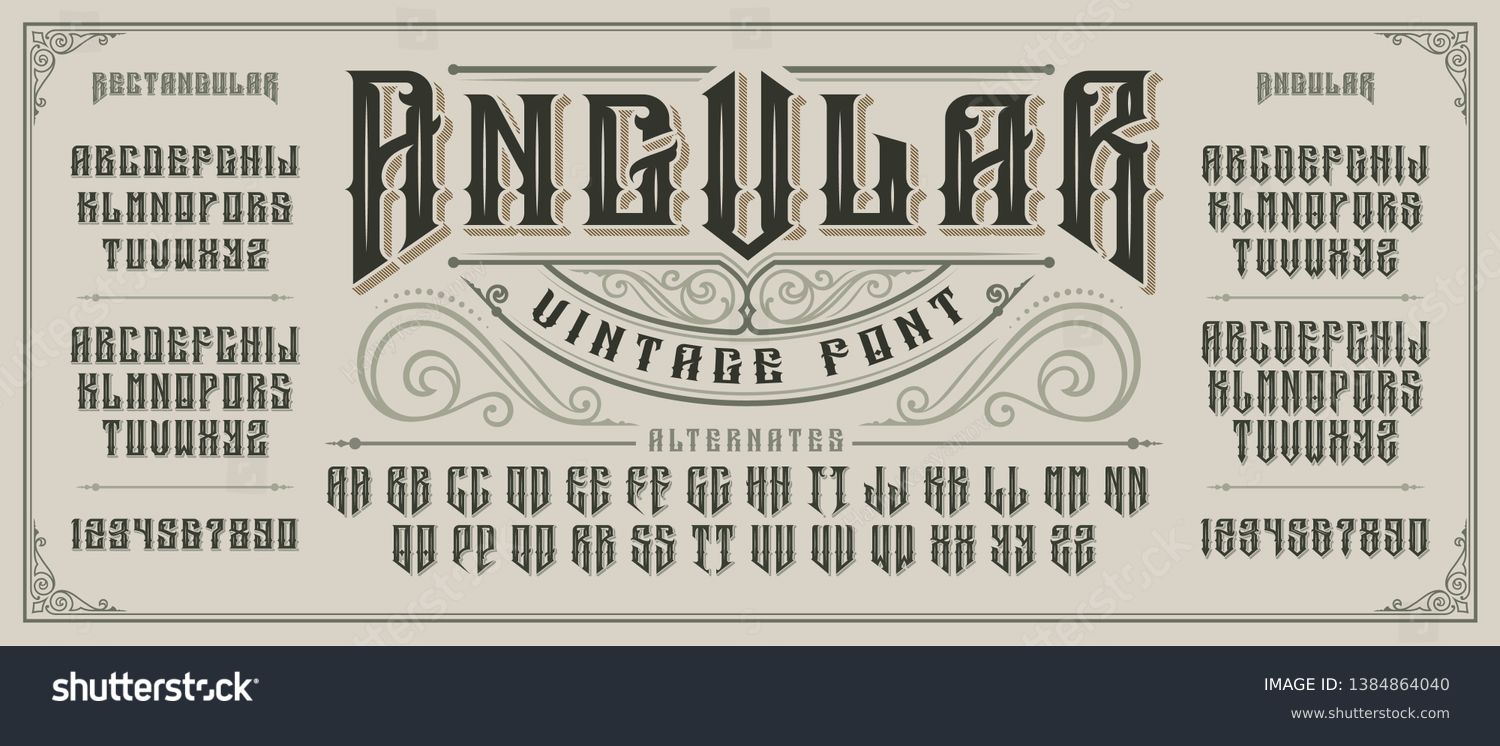 Angular display font with serifs and drop shadow in retro style. Perfect for alcohol labels, vintage tattoo logos, headlines and many other. All elements are on the separate layers. #1384864040