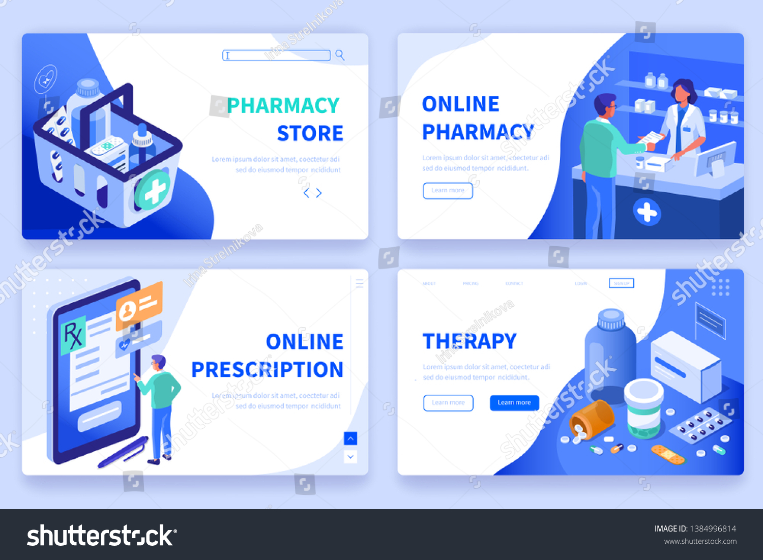 Medicine  and pharmacy banners templates. Can use for backgrounds, infographics, hero images. Flat isometric modern vector illustration. #1384996814