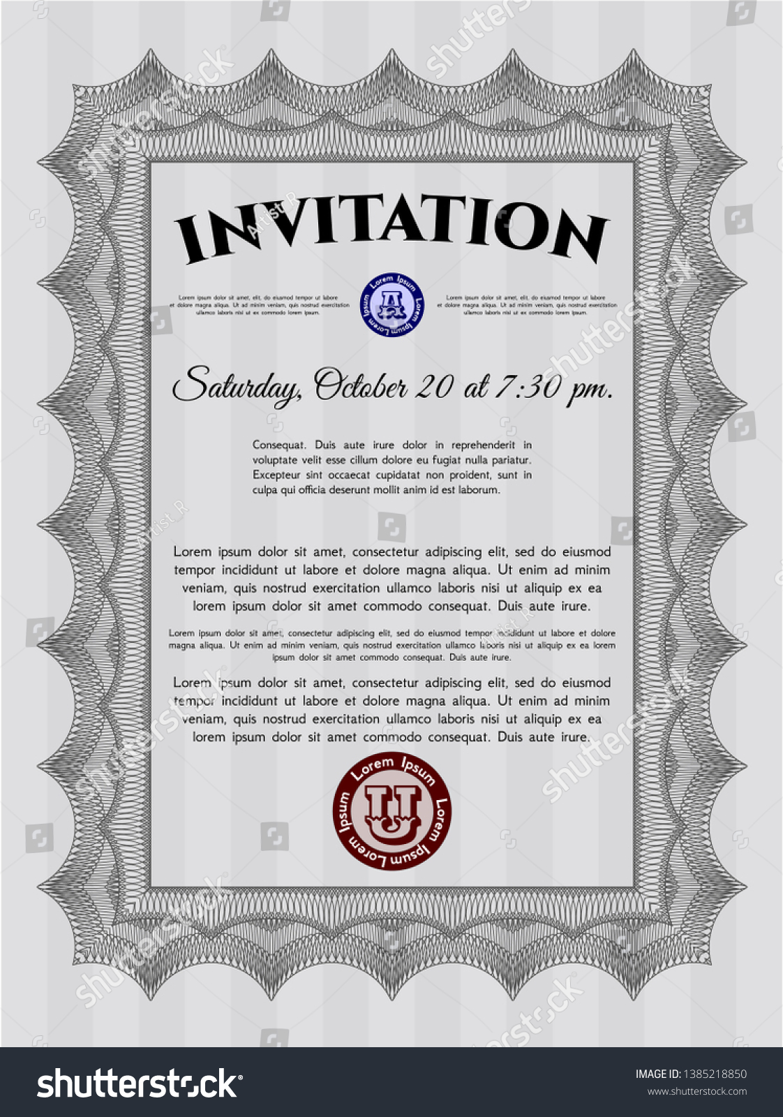 Grey Vintage invitation template. Money Pattern - Royalty Free Stock Vector 1385218850 - Avopix.com