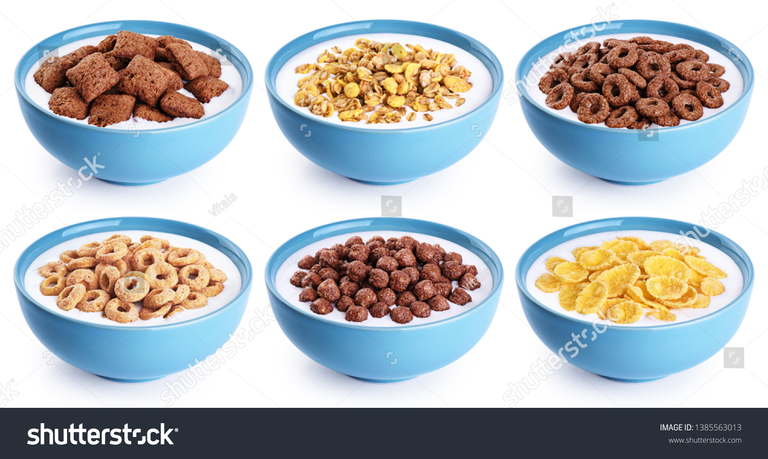 Bowl with corn pads, rings, balls, oat granola, cornflakes and yogurt isolated on white background. Cereals breakfast collection with clipping path. #1385563013