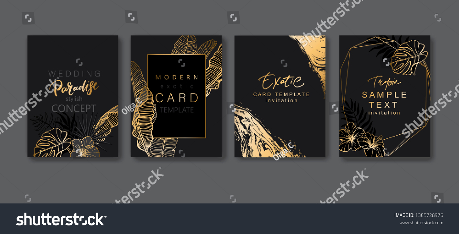 Set of elegant brochure, card, background, cover. Black and golden marble texture. Geometric frame. Palm, exotic leaves. Save the date, invitation, birthday card design. #1385728976