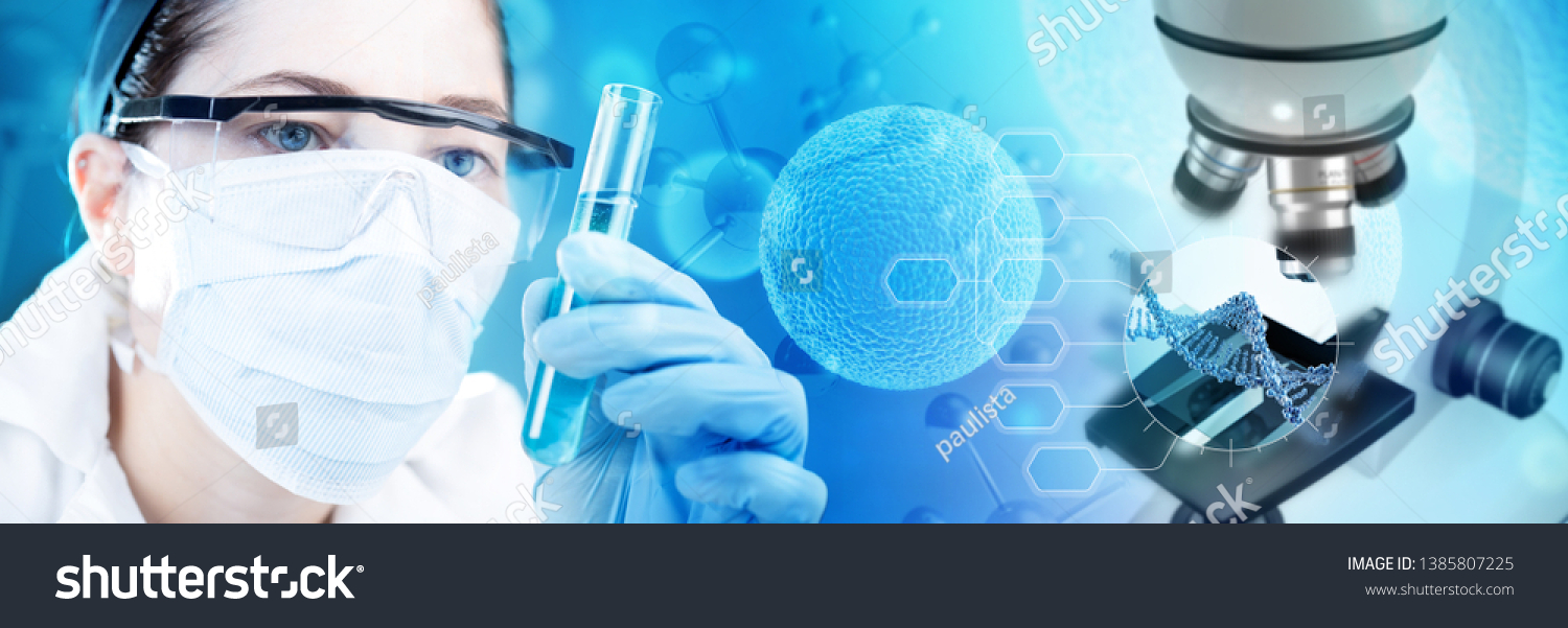scientist holding a test-tube and microscope analyzing DNA, 3d illustration #1385807225