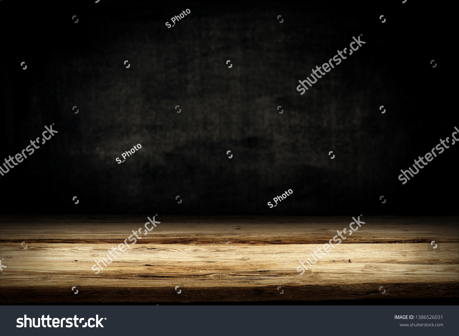 Wooden table background of free space for your decoration. Black shadow and wall of free space for your text.  #1386526031