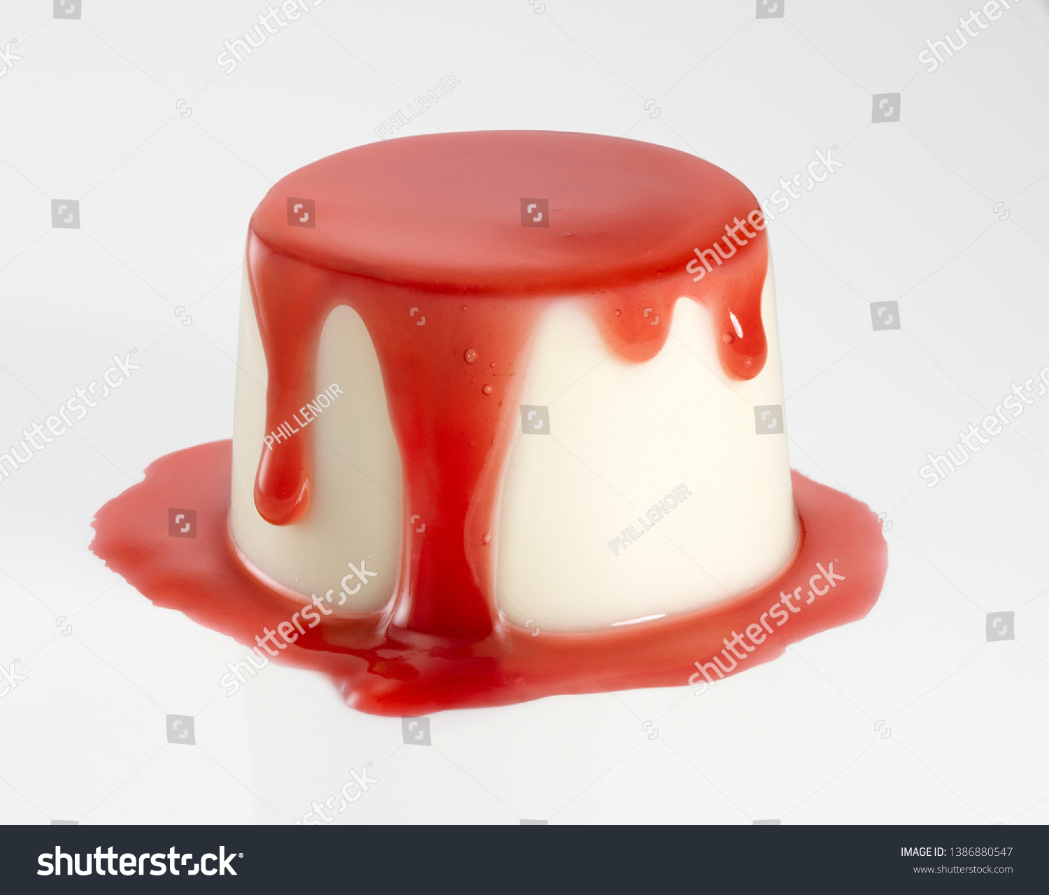 Strawberry custard with strawberry jam and strawberry coulis on a white background #1386880547