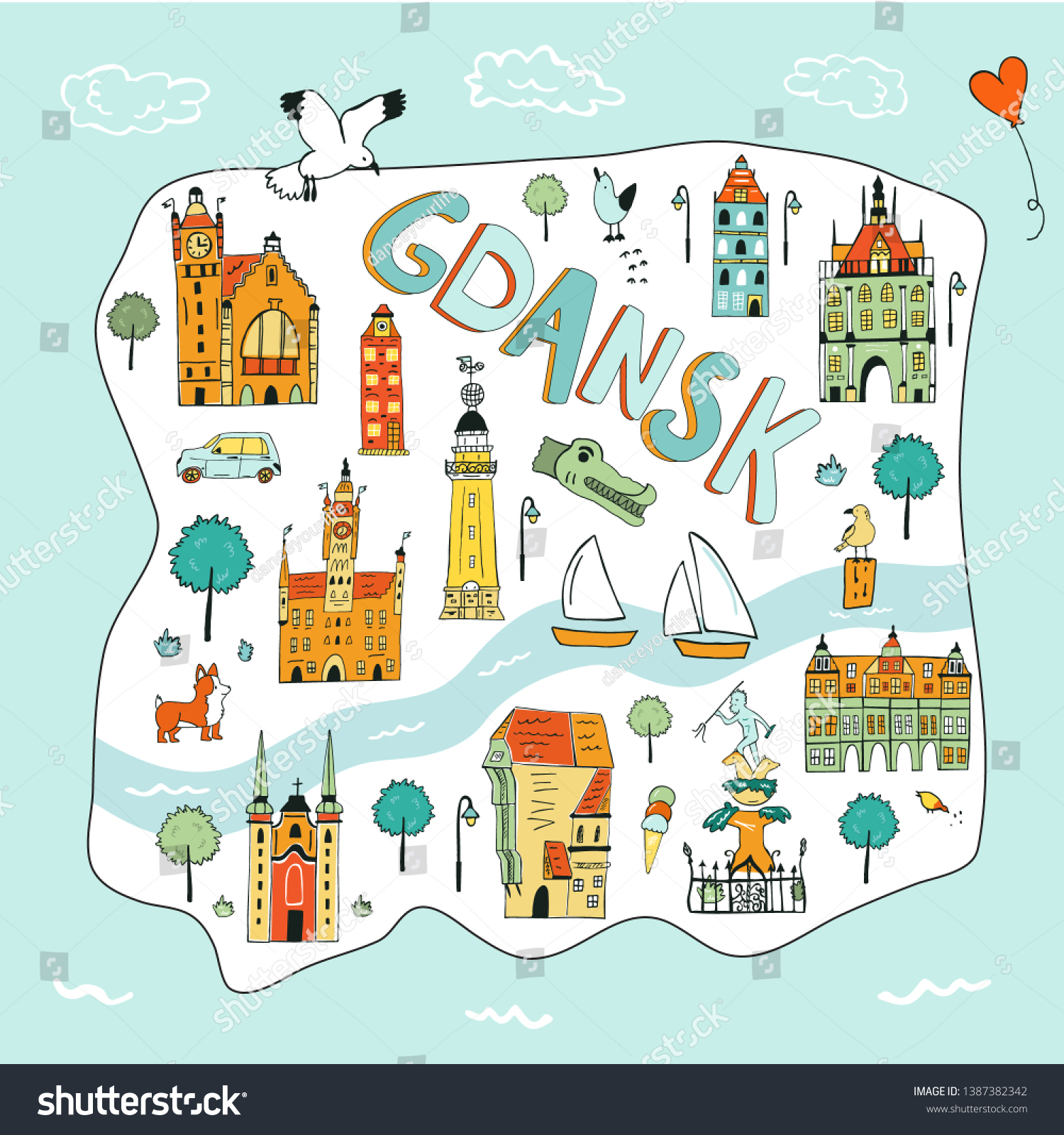 Hand Drawn Illustrated Map Of Gdansk With Royalty Free Stock Vector 1387382342 9326