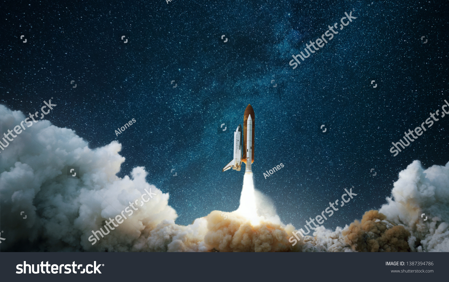 Spaceship takes off into the starry sky. Rocket starts into space. Concept #1387394786