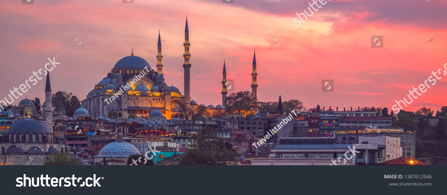 Sunset in Istanbul, Turkey with Suleymaniye Mosque (Ottoman imperial mosque). View from Galata Bridge in Istanbul. #1387612946