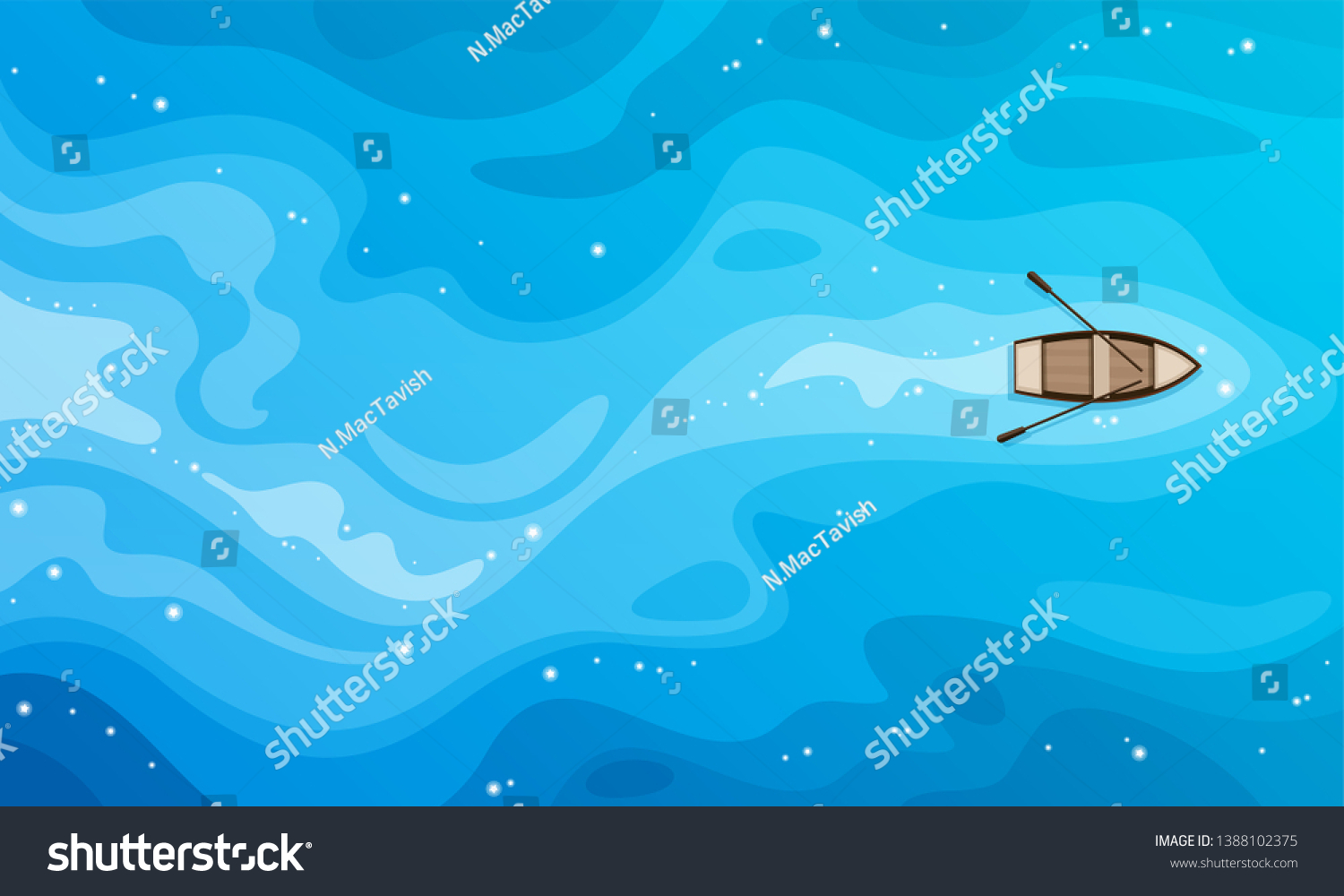 Tropical blue sea top view and a wooden boat vector background. #1388102375