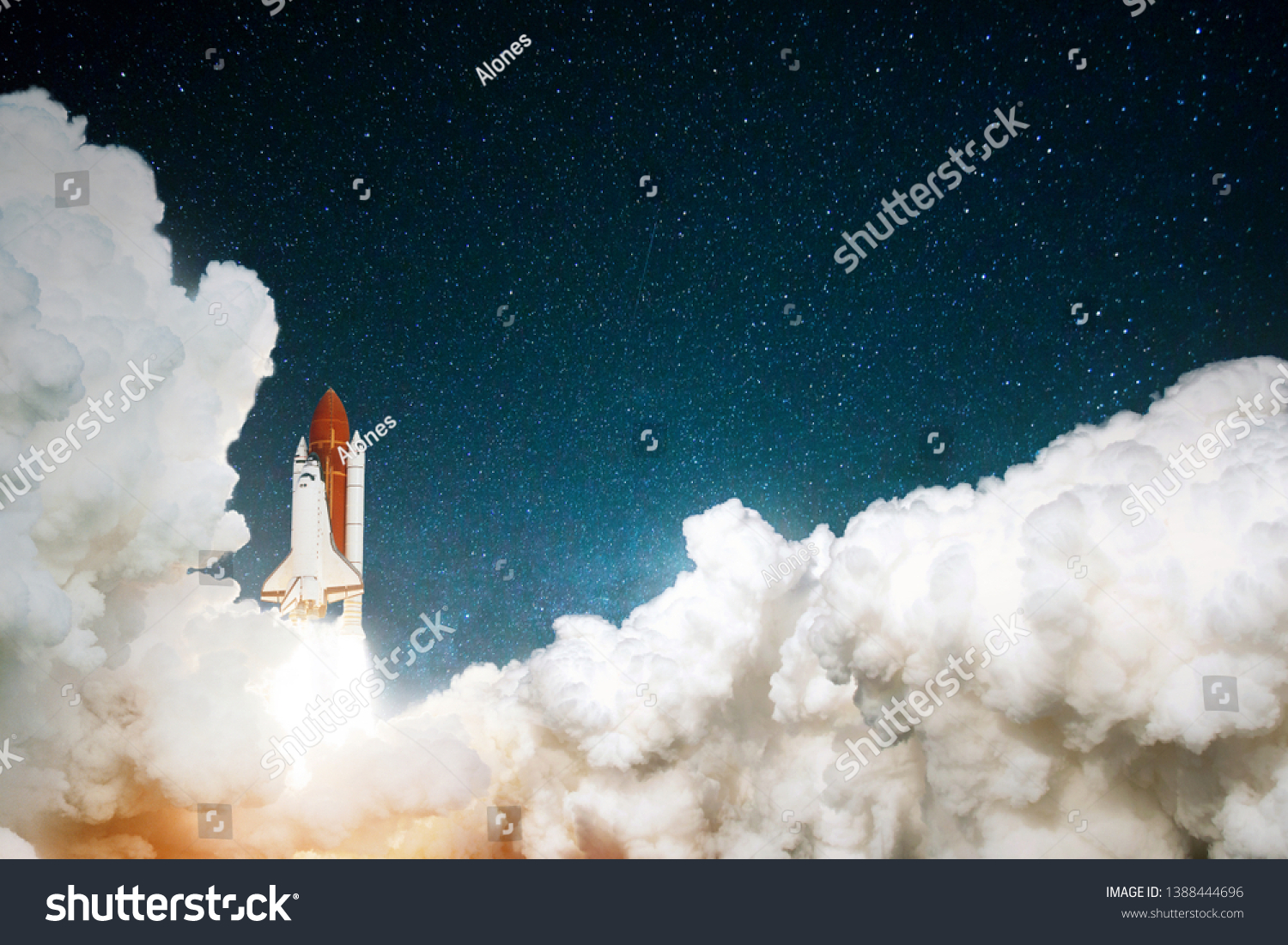 Rocket takes off in the starry sky. Spaceship begins the mission. Travel to mars concept. Space shuttle taking off on a mission.  #1388444696