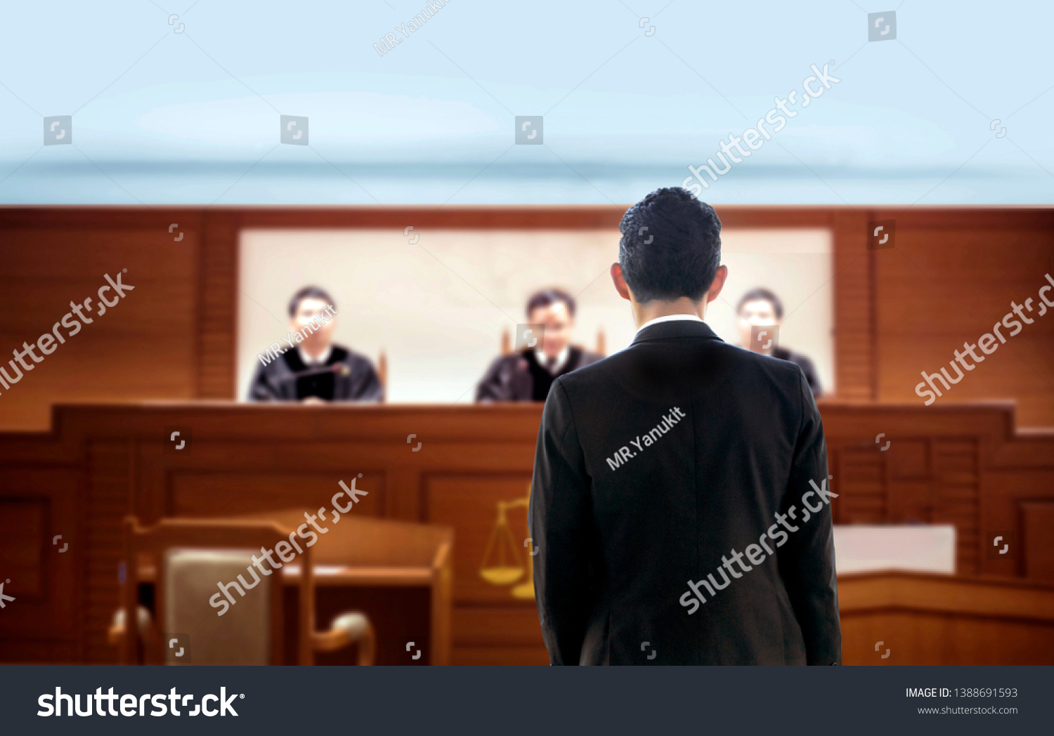 back of lawyer talking to attorney in courtroom . The legal adjustment trail justice concept. Lawyer is famous occupation of high performance in political judgment in human relation rule in seriously. #1388691593