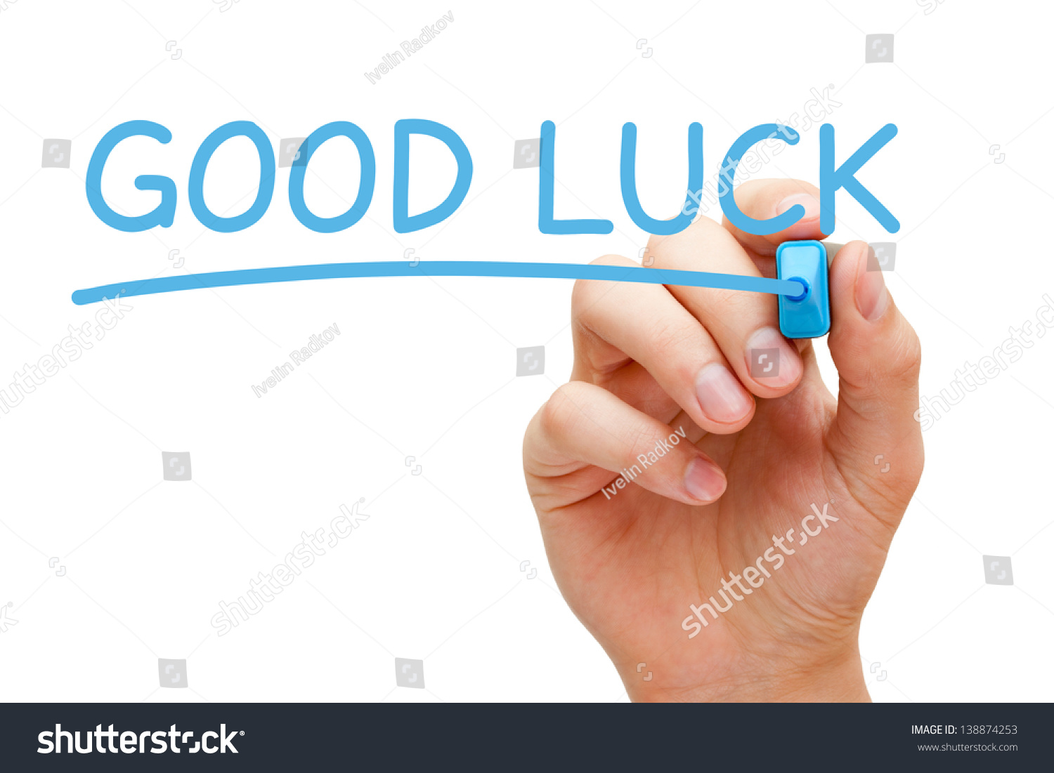 Hand writing Good Luck with blue marker on transparent wipe board. #138874253
