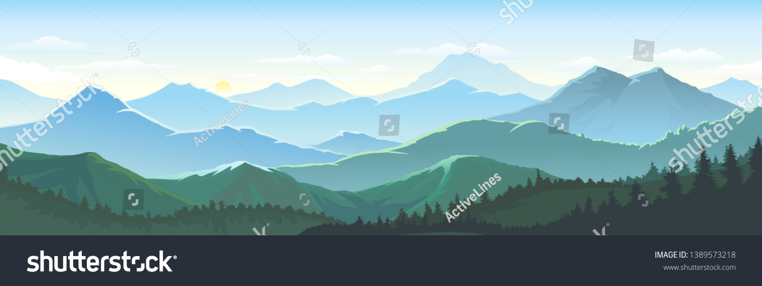 Large number of mountains, vast landscapes touching the horizons, skies and dense lush forest