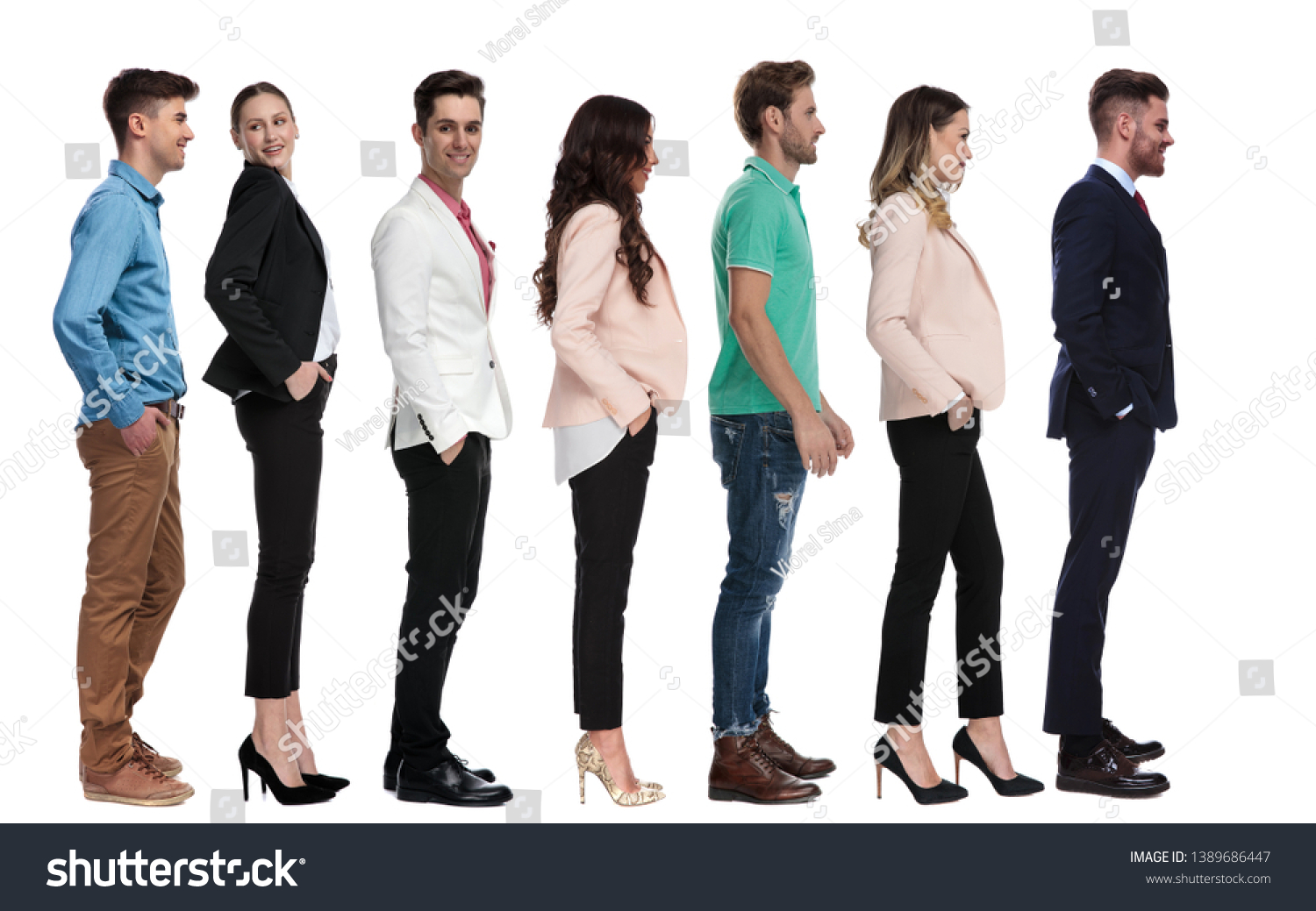 smart casual people waiting in line on white background #1389686447
